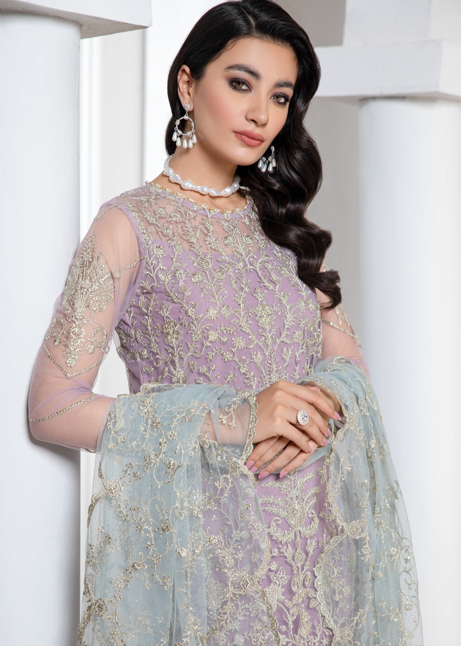 net Kurta Set in Purple ash