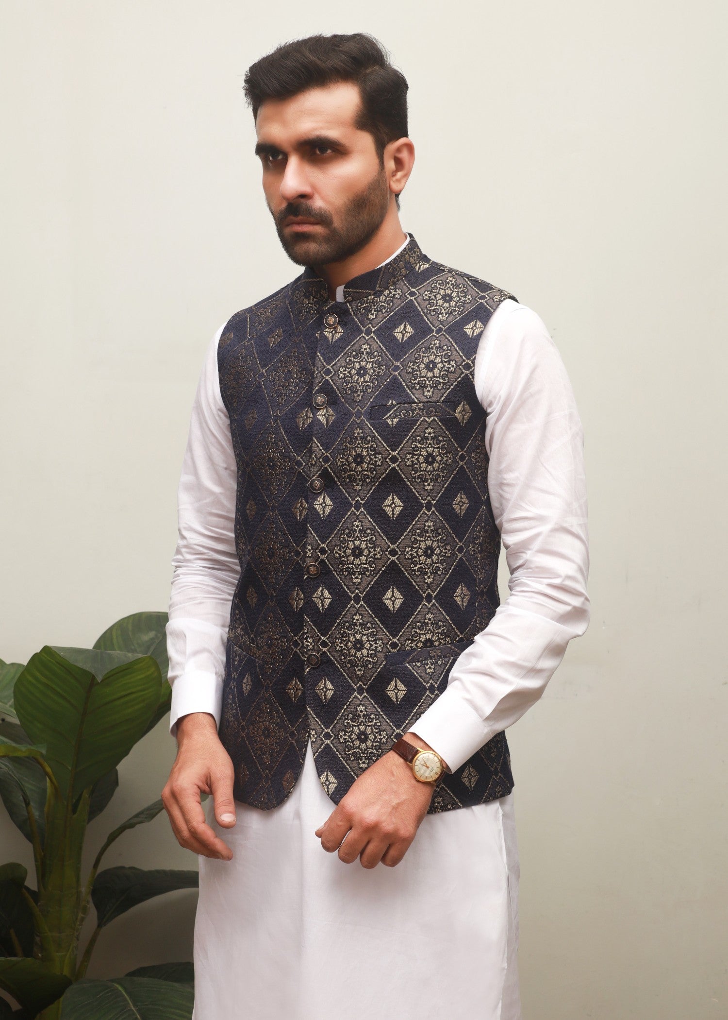 jamawar Waistcoat in Charcoal by Maqsood Garments