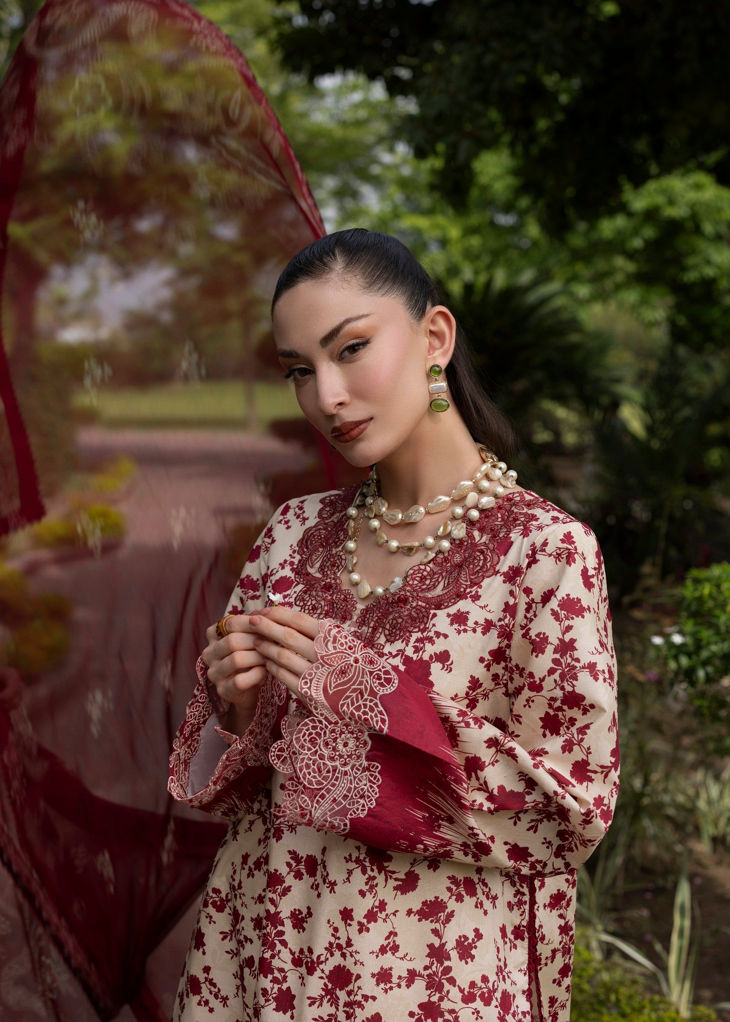 lawn Unstitched in Cream, blood red