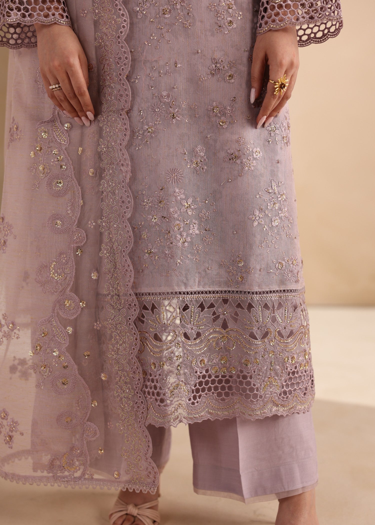 khaddi net Kurta Set in Purple taupe