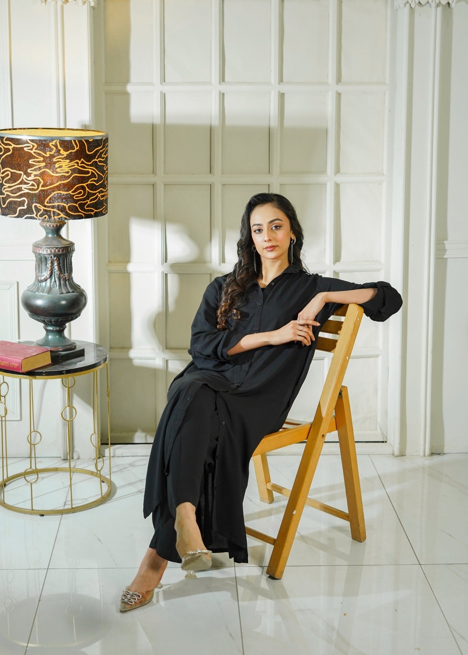 blended linen Kurta Set in Black