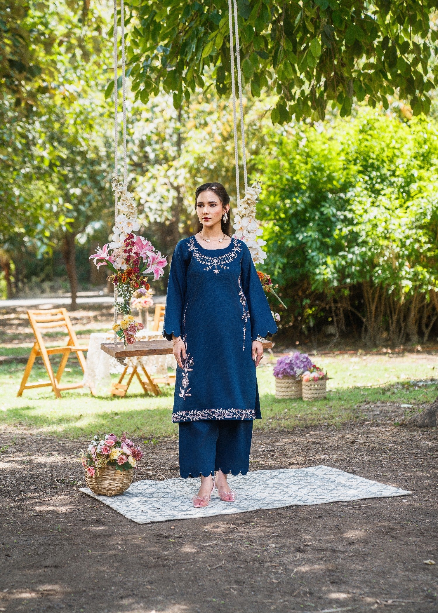 textured lawn Kurta Set in Navy blue