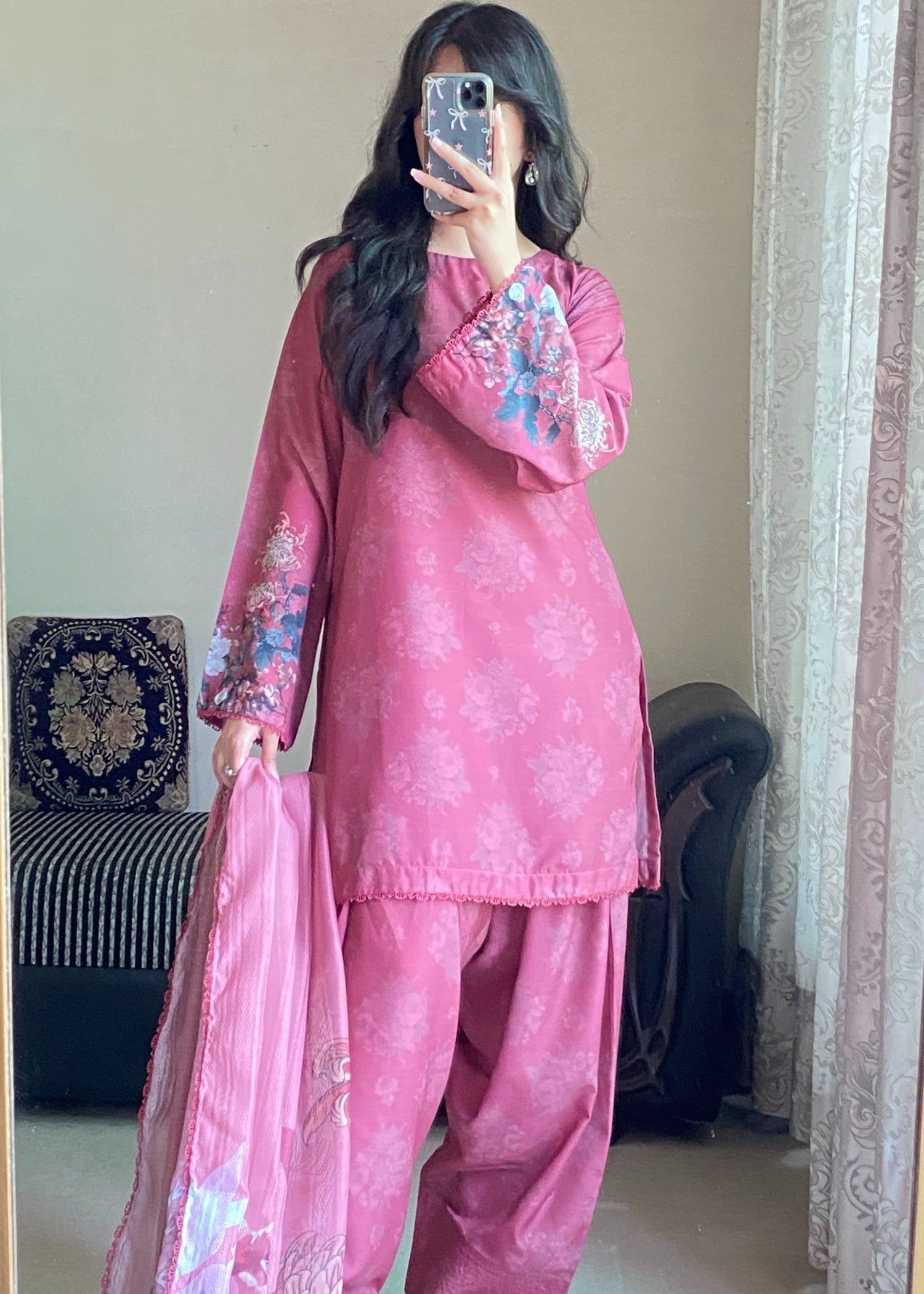 silk finish lawn Kurta Set in Magenta haze