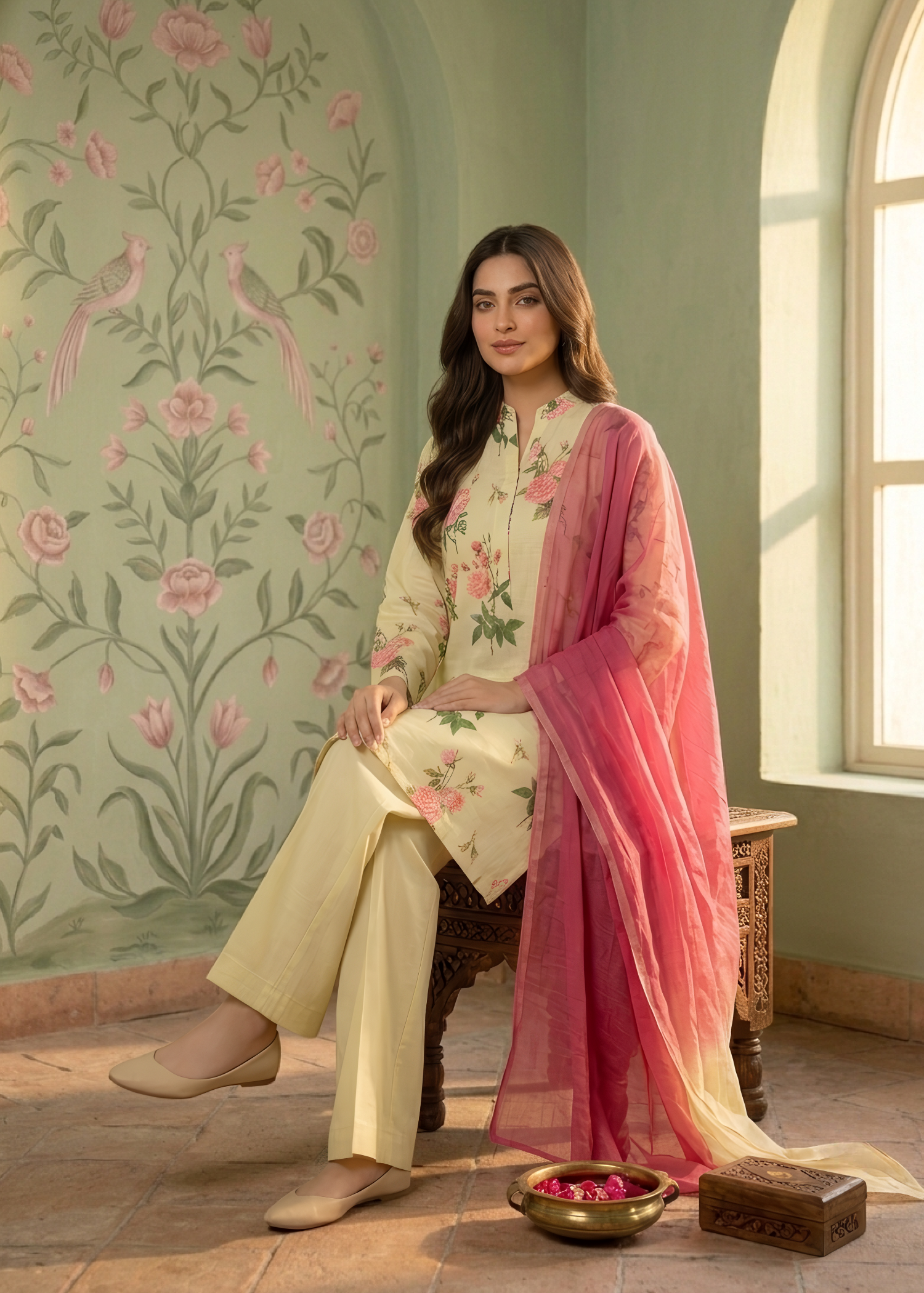 slub lawn Kurta Set in Butter