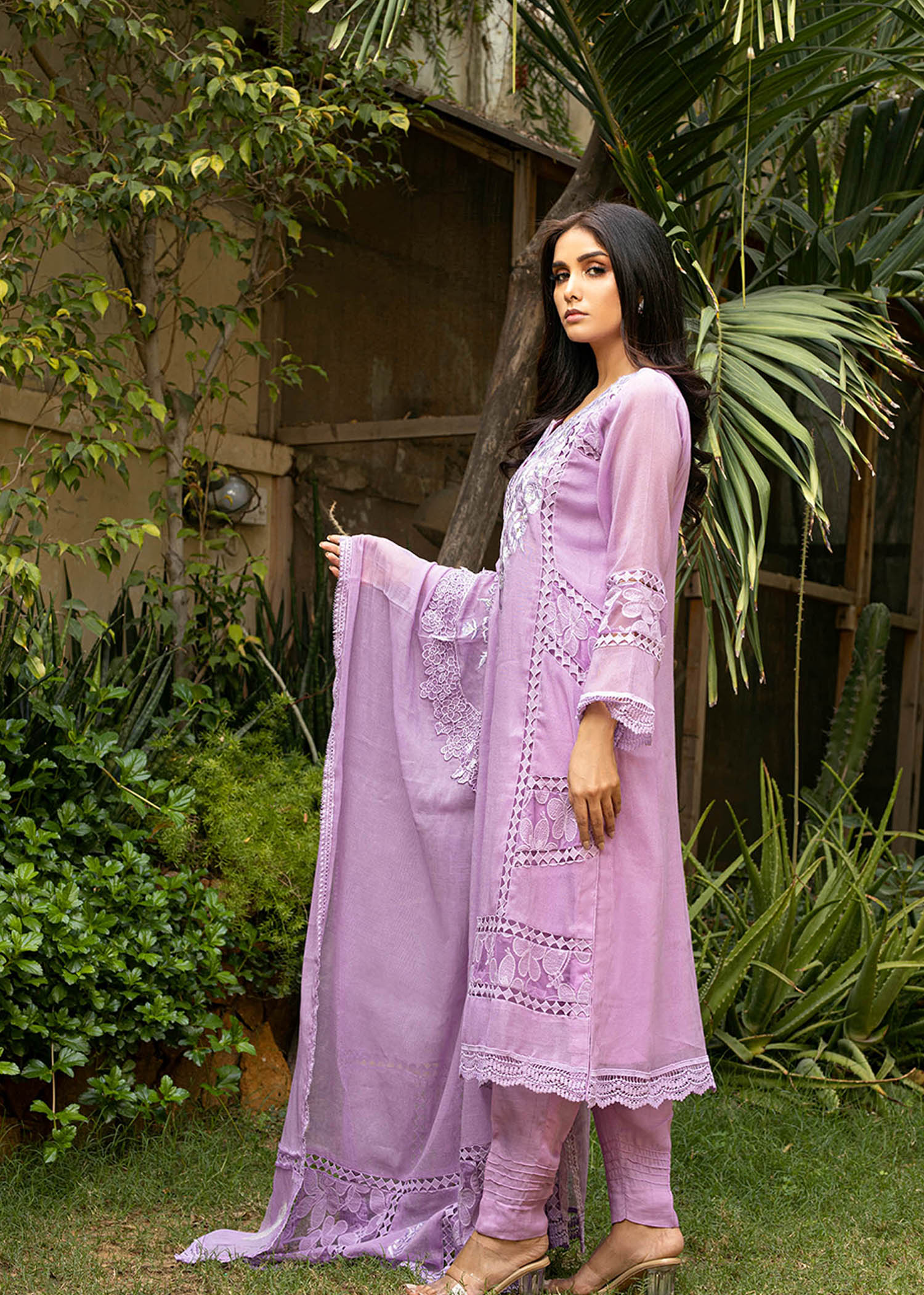 khaddi net Kurta Set in Lilac