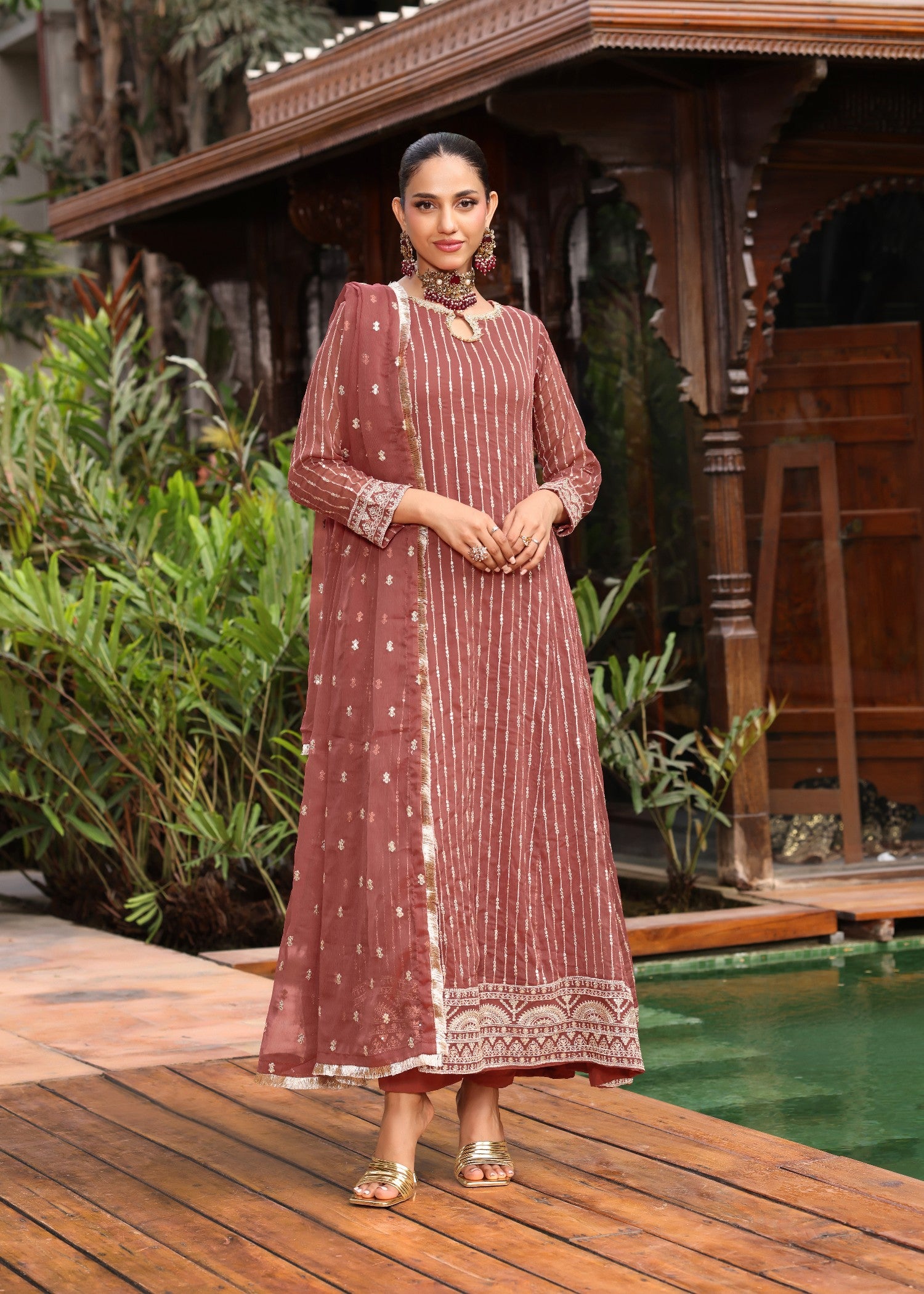 chiffon Pishwas in Melon pink