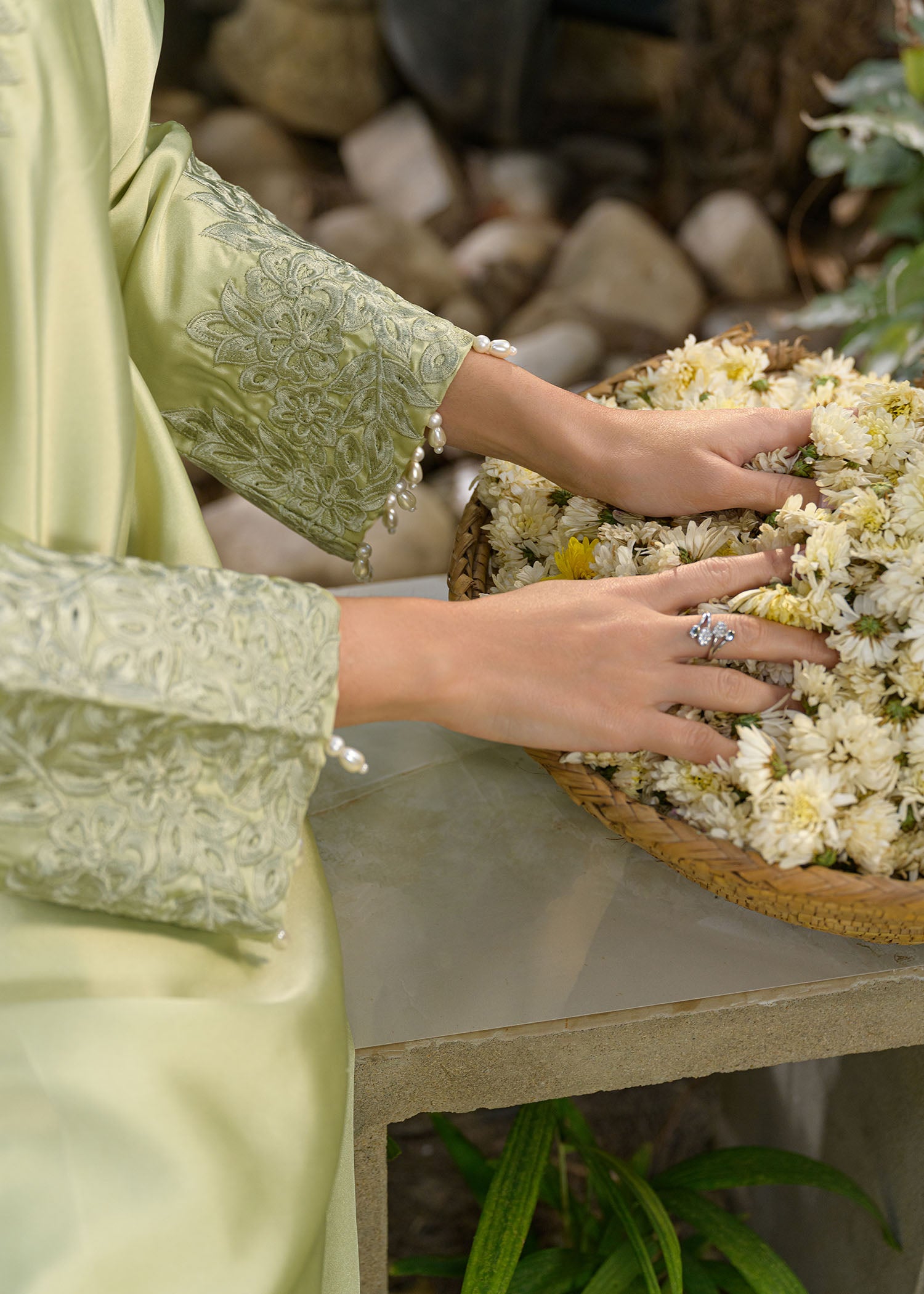 silk charmeuse Kurta Set in Sage green