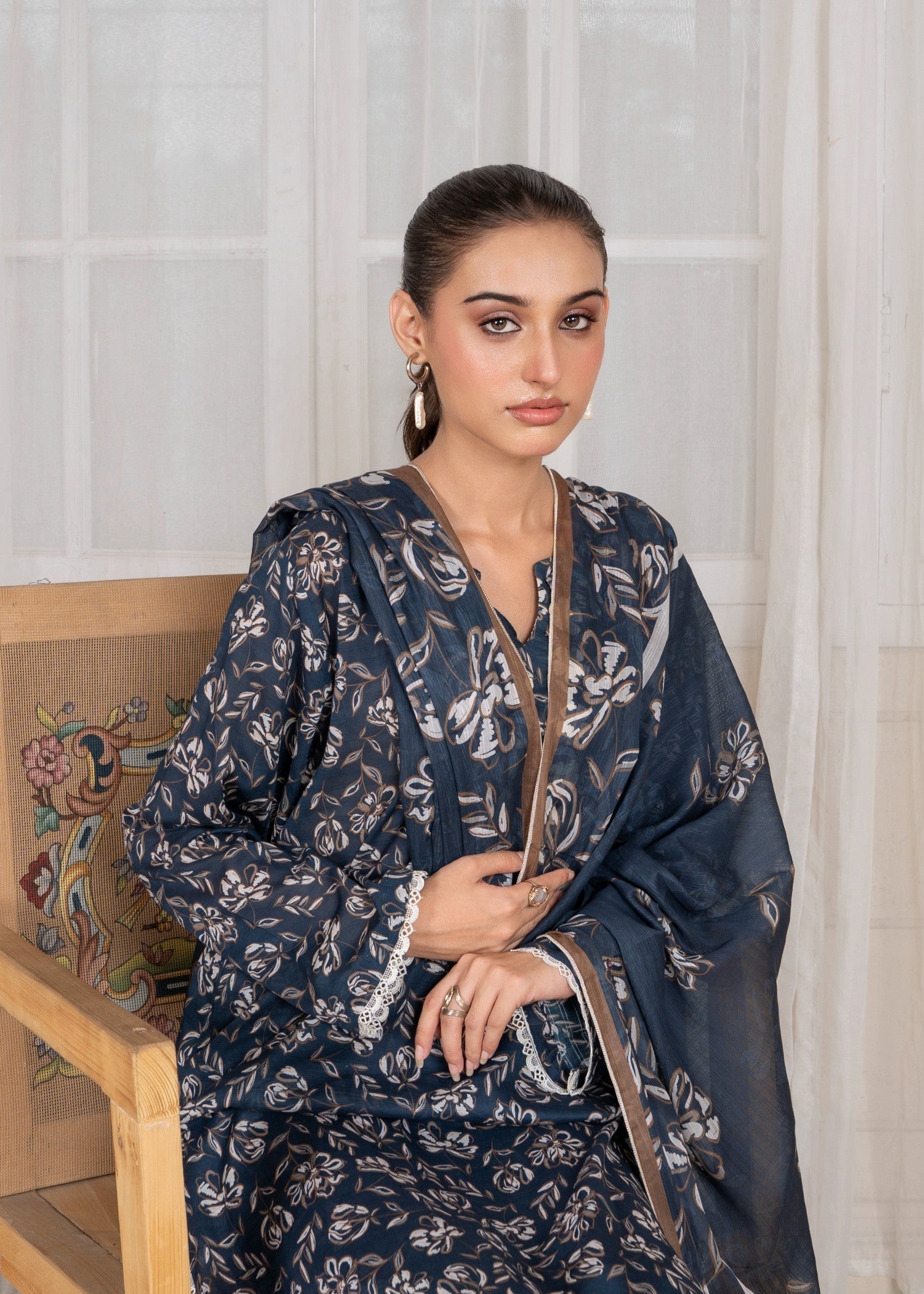 textured lawn Kurta Set in Twilight blue