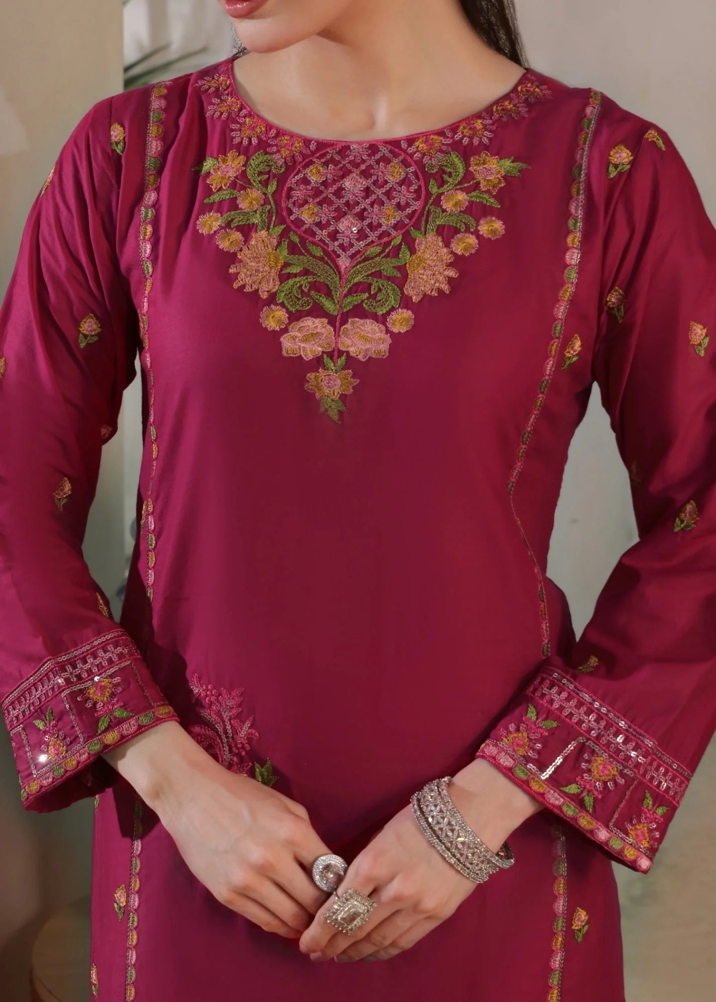 lawn cotton Kurta Set in Magenta