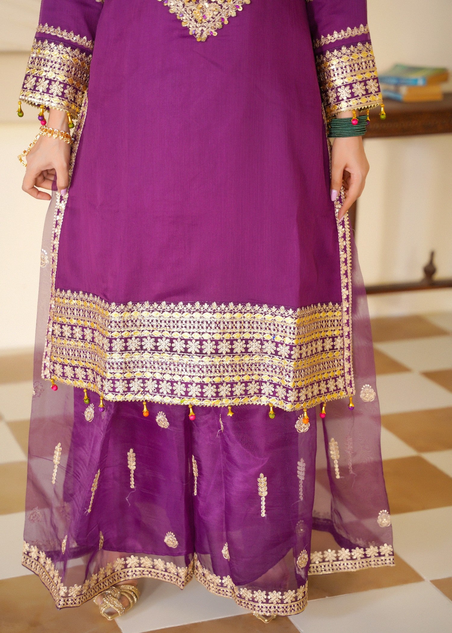 chiffon Sharara in Purple, gold