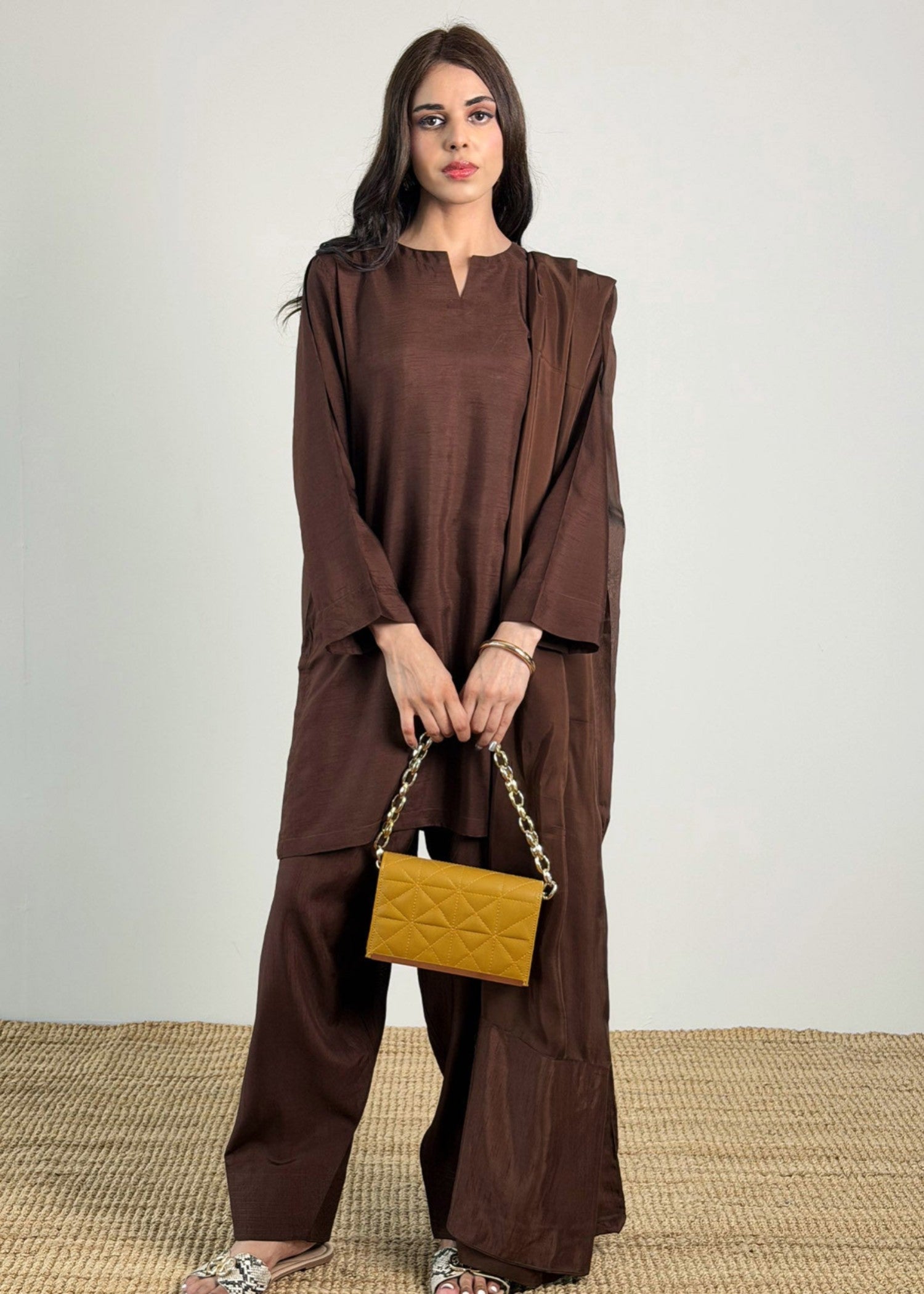 korean raw silk Kurta Set in Dark brown
