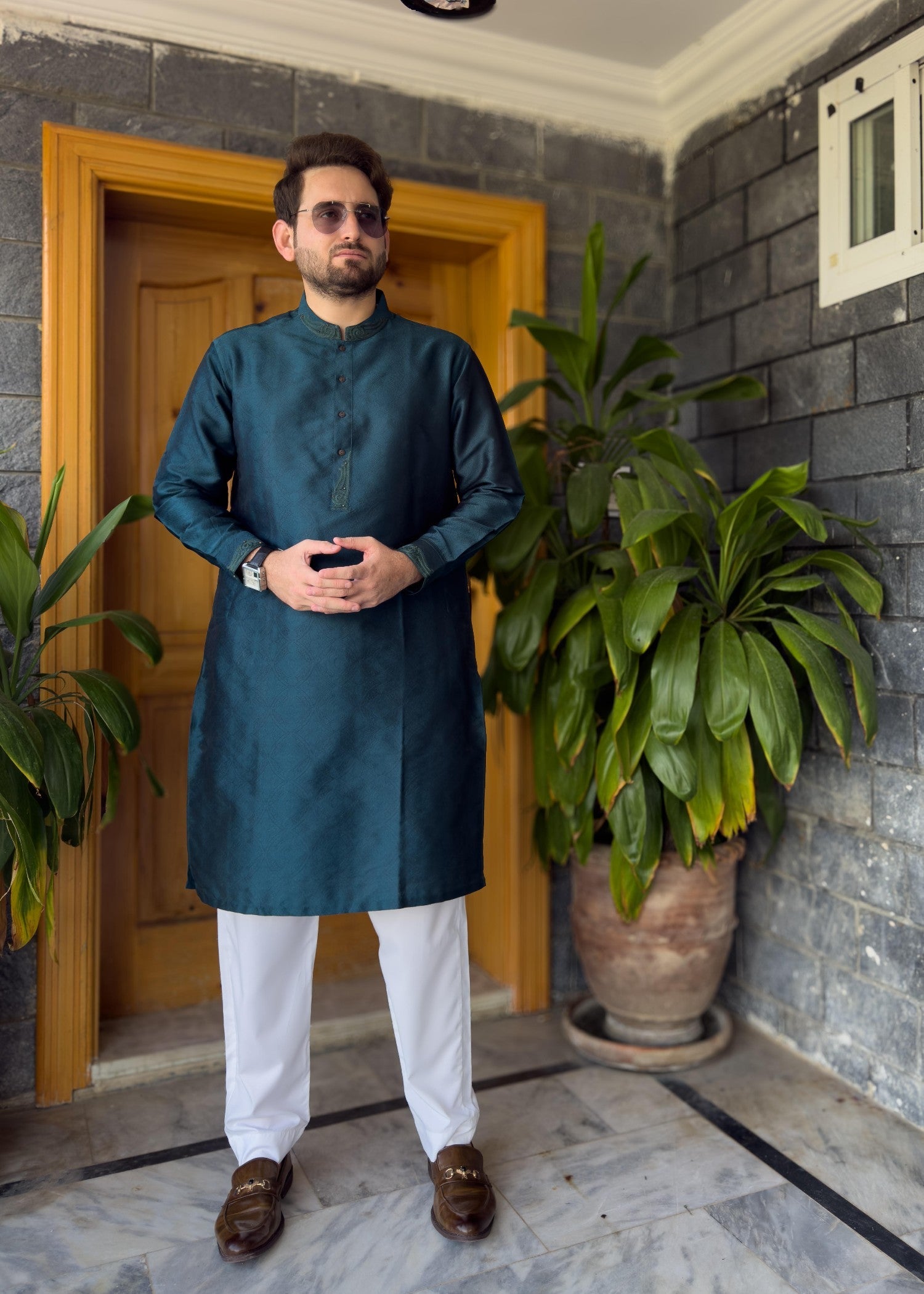 traditional jamawar Kurta in Teal