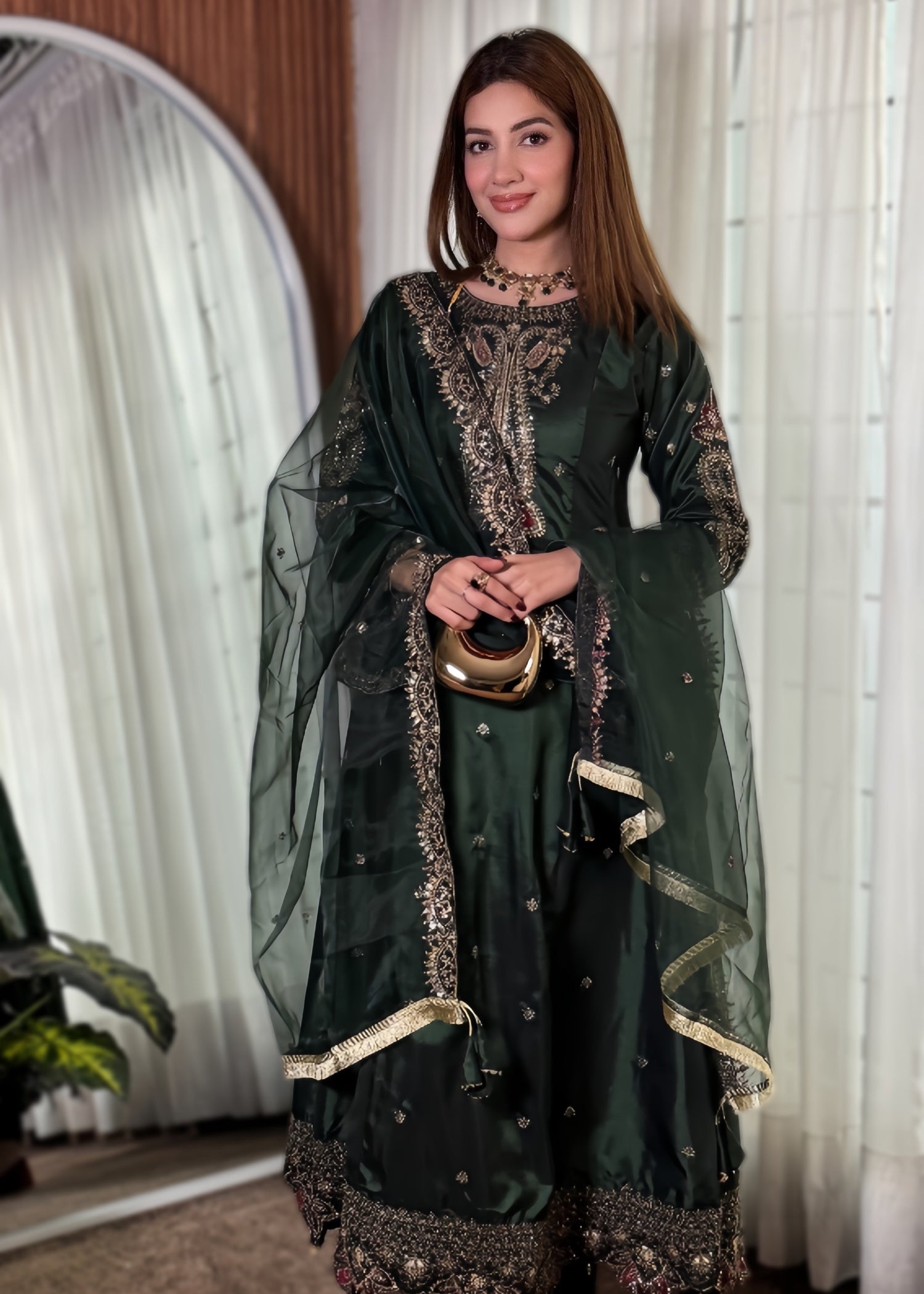silk Pishwas in Bottle green