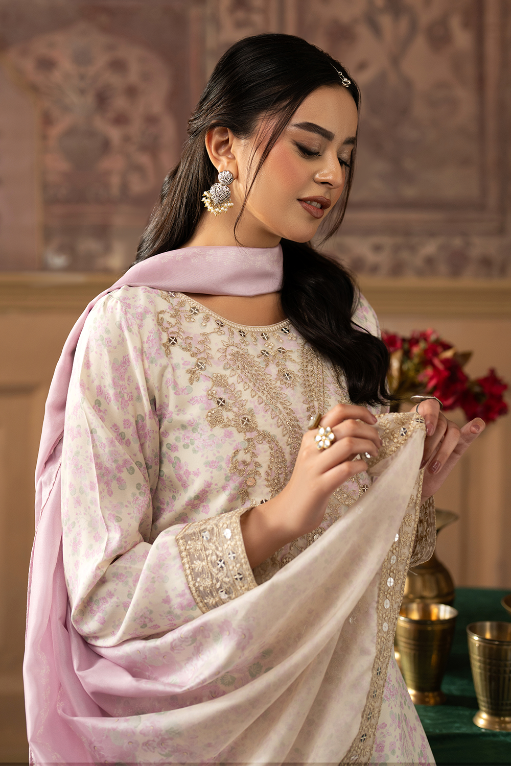 silk finish lawn Gharara in Ivory