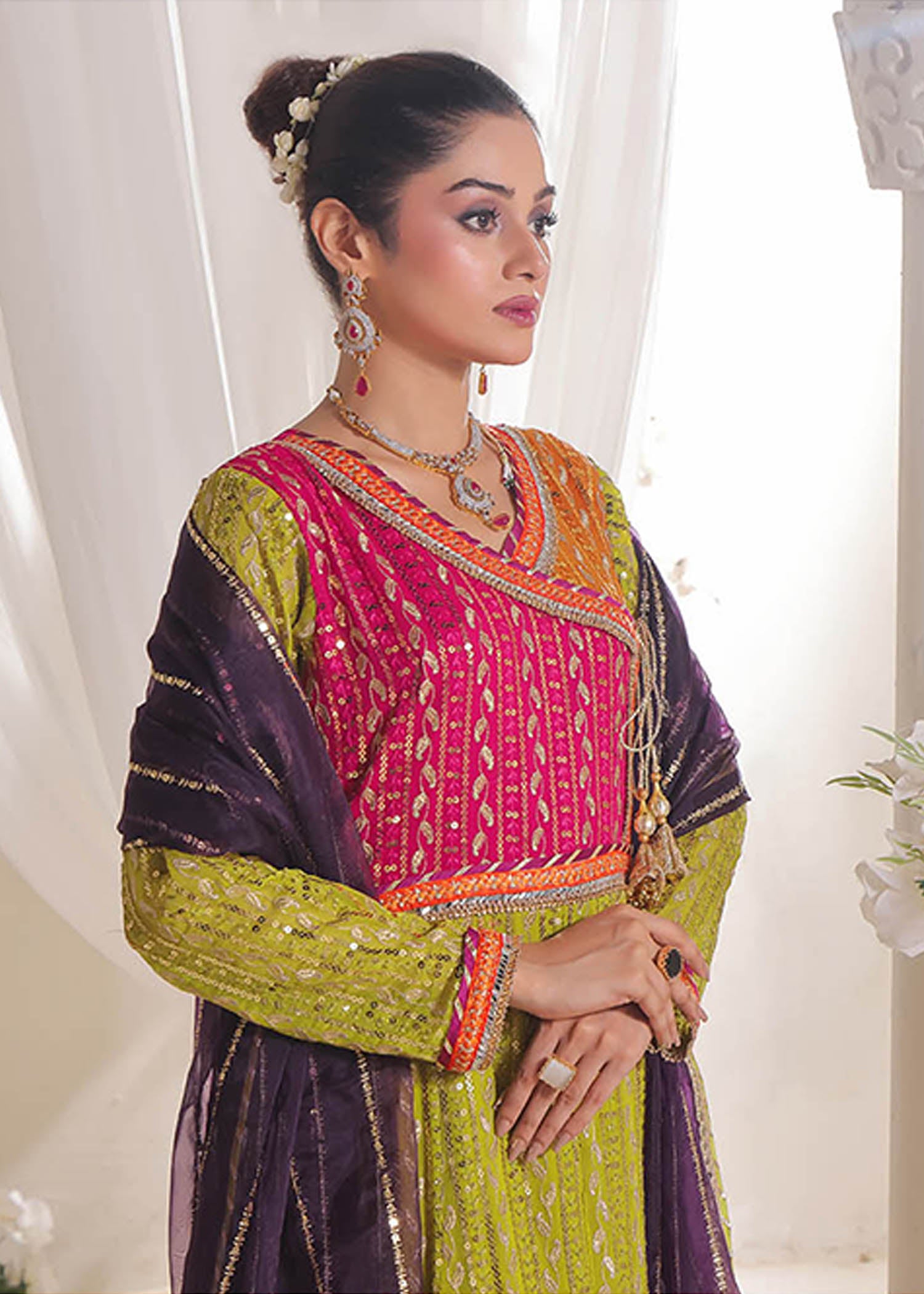chiffon Angrakha in Green