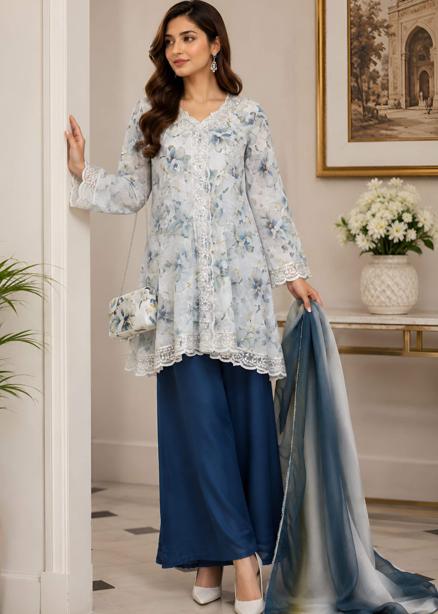 crepe Short Frock in Blue
