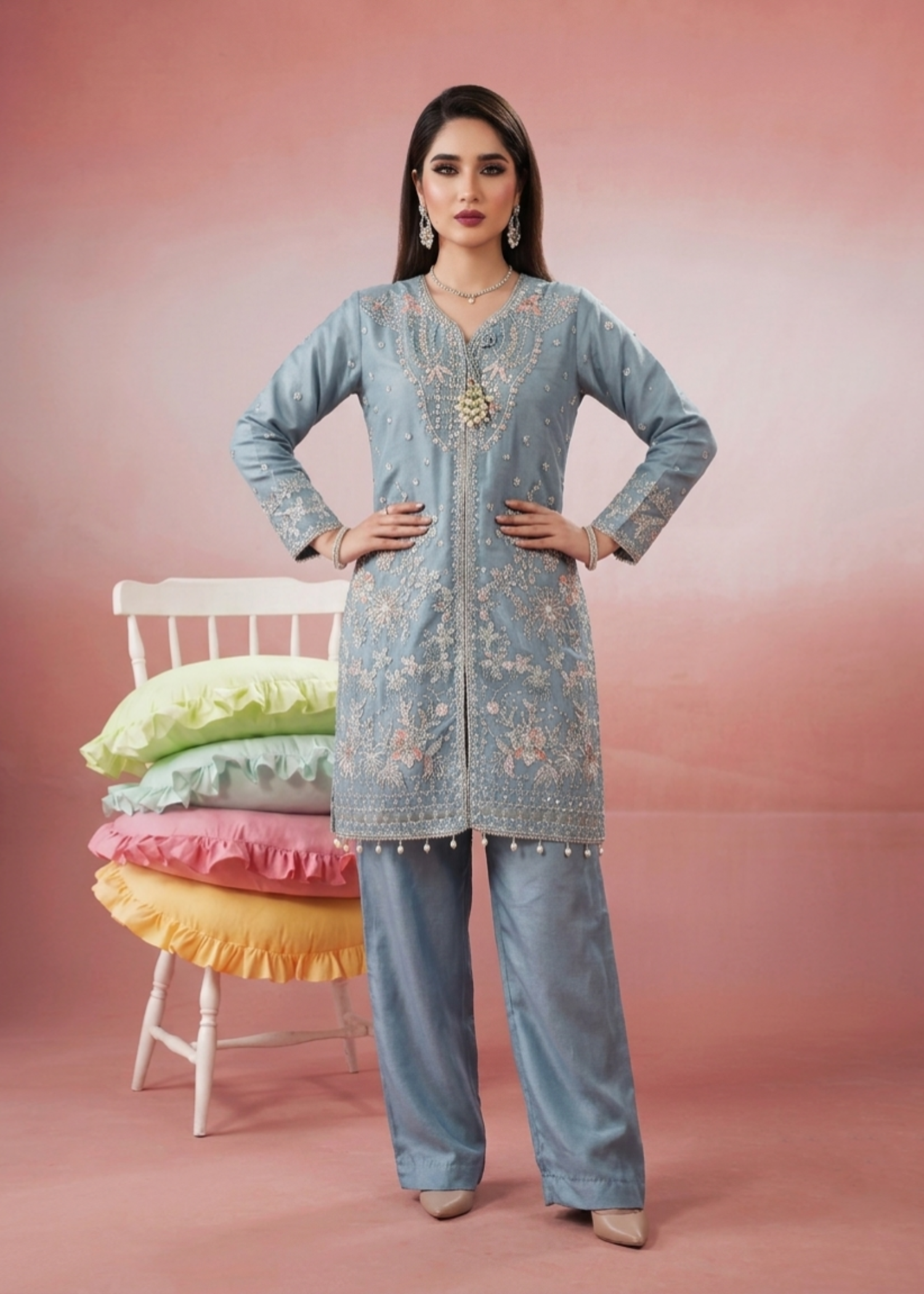 organza Kurta Set in Duck egg grey