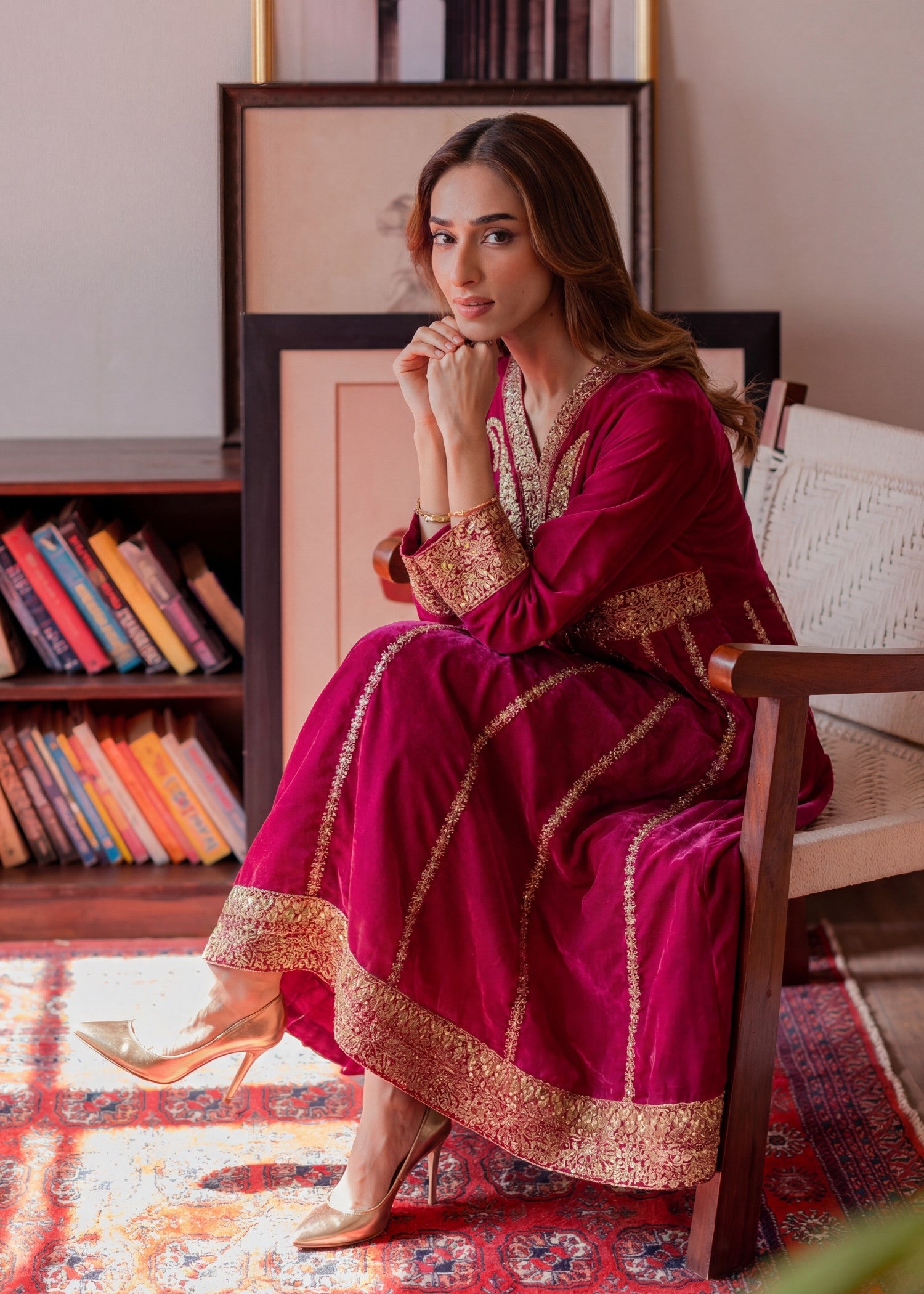 textured lawn Anarkali in Cardinal red
