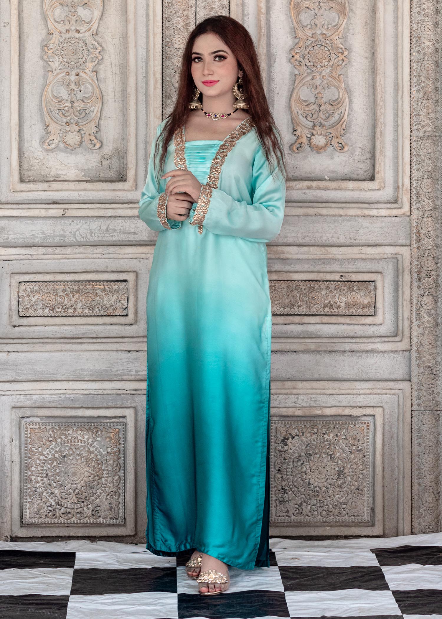 poly viscose Kurta Set in Aquamarine