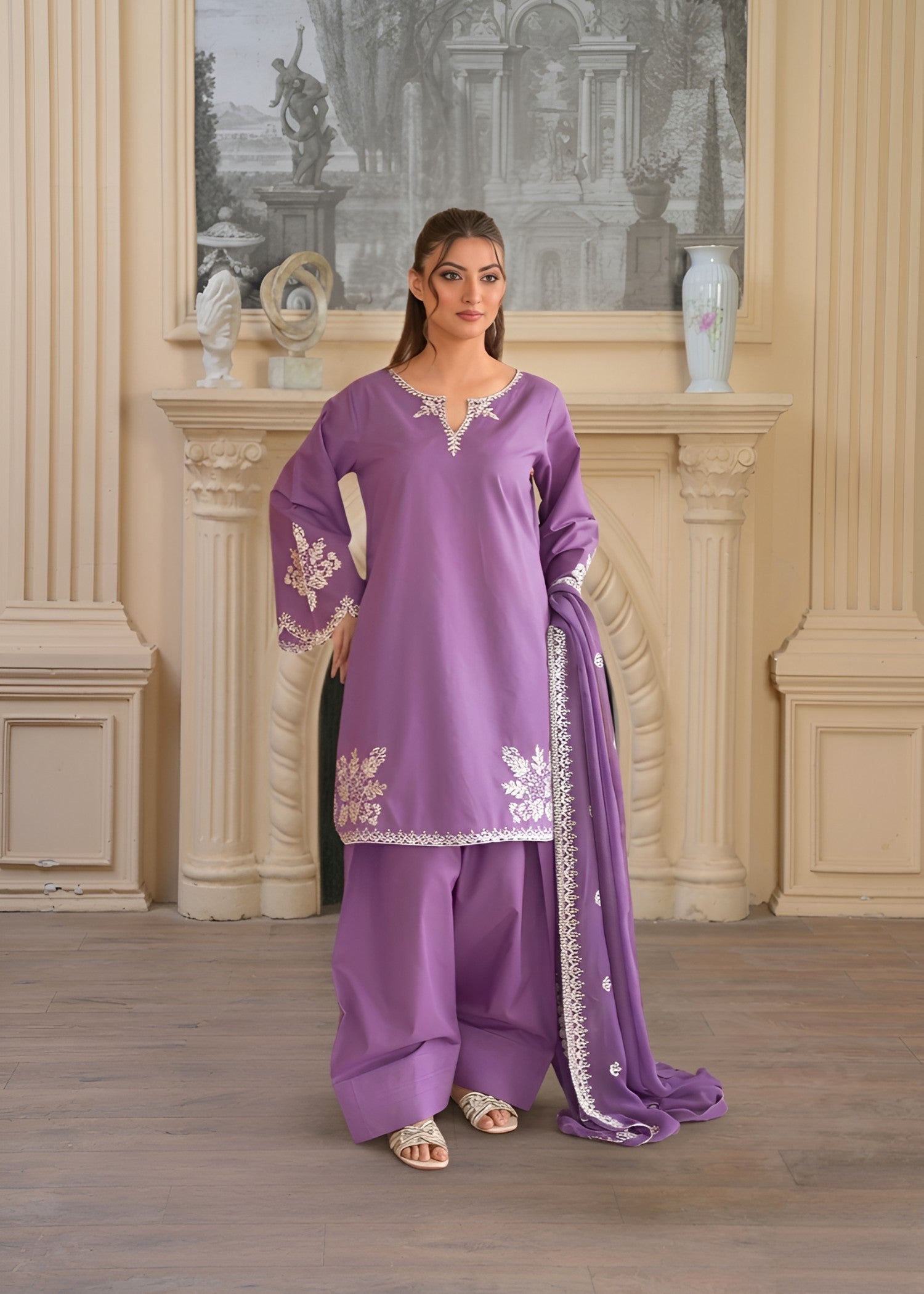 cambric Kurta Set in Purple ash