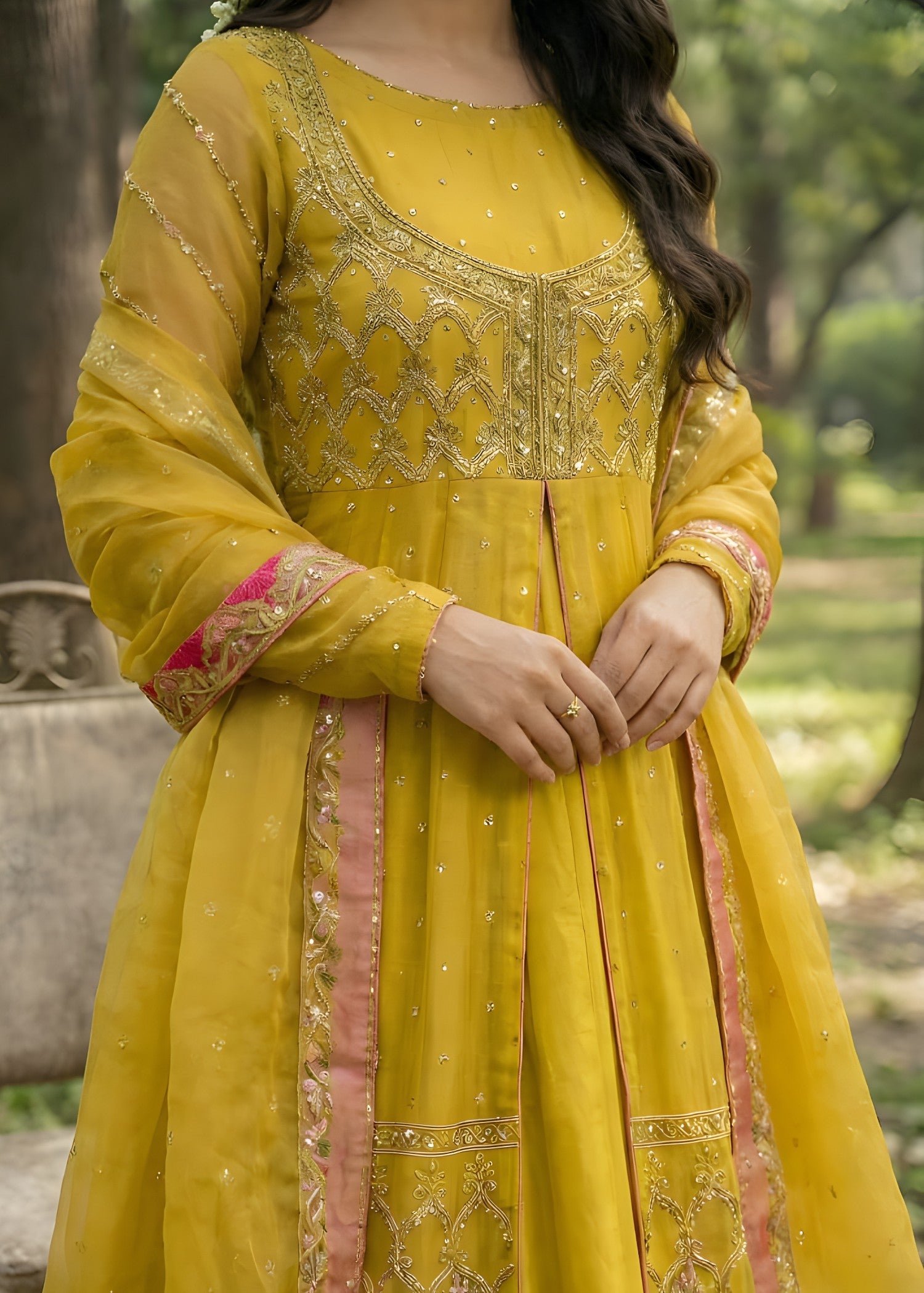 organza Lehenga in Mustard