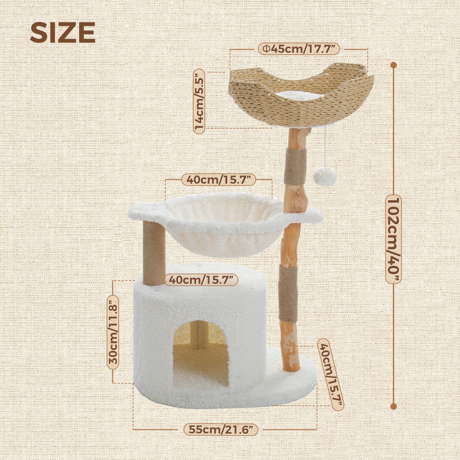 Modern Cat Tree with Woven Basket, Hammock & Solid Wood Scratching Post for Large Indoor Cats