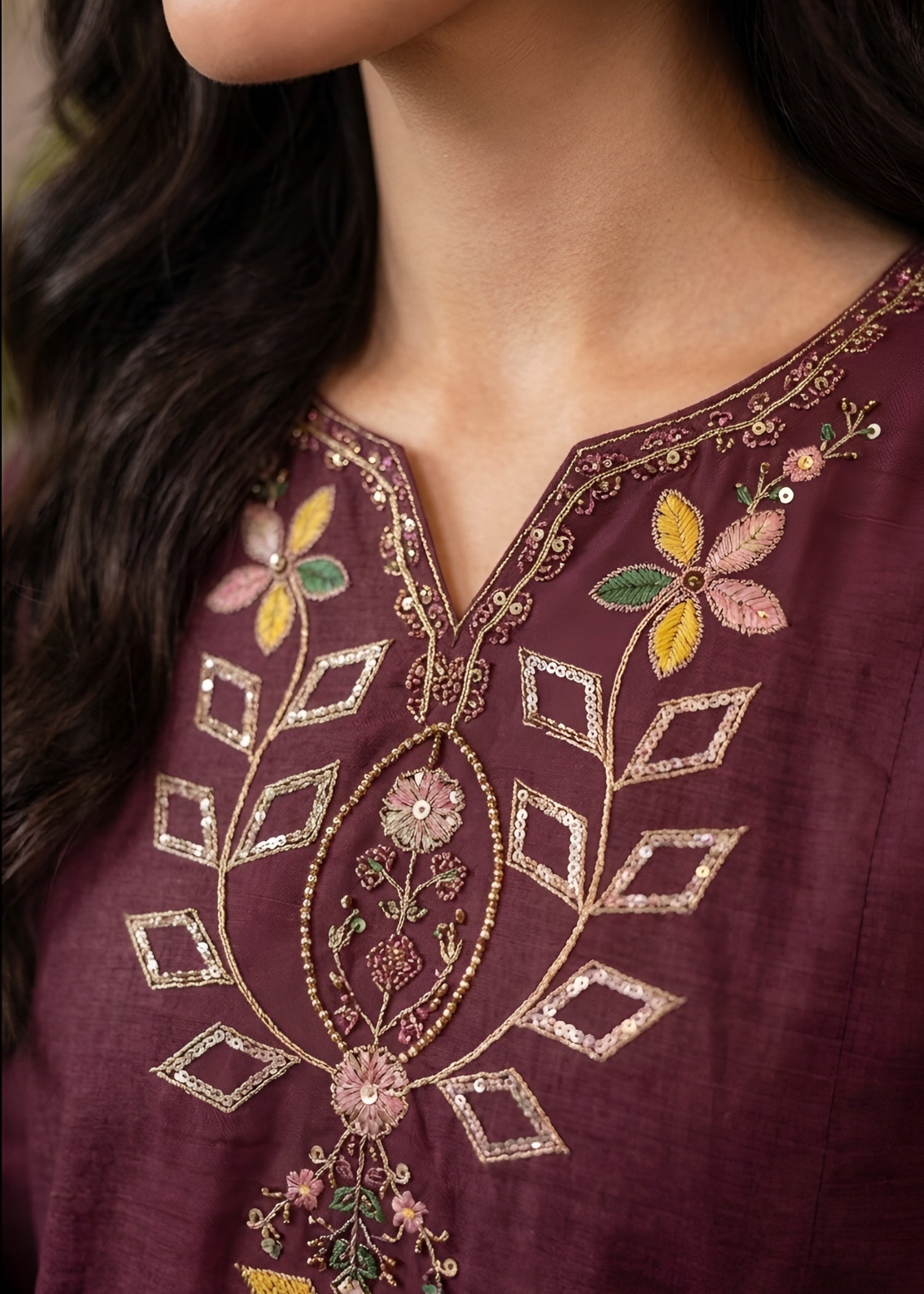 cambric Kurta Set in Plum