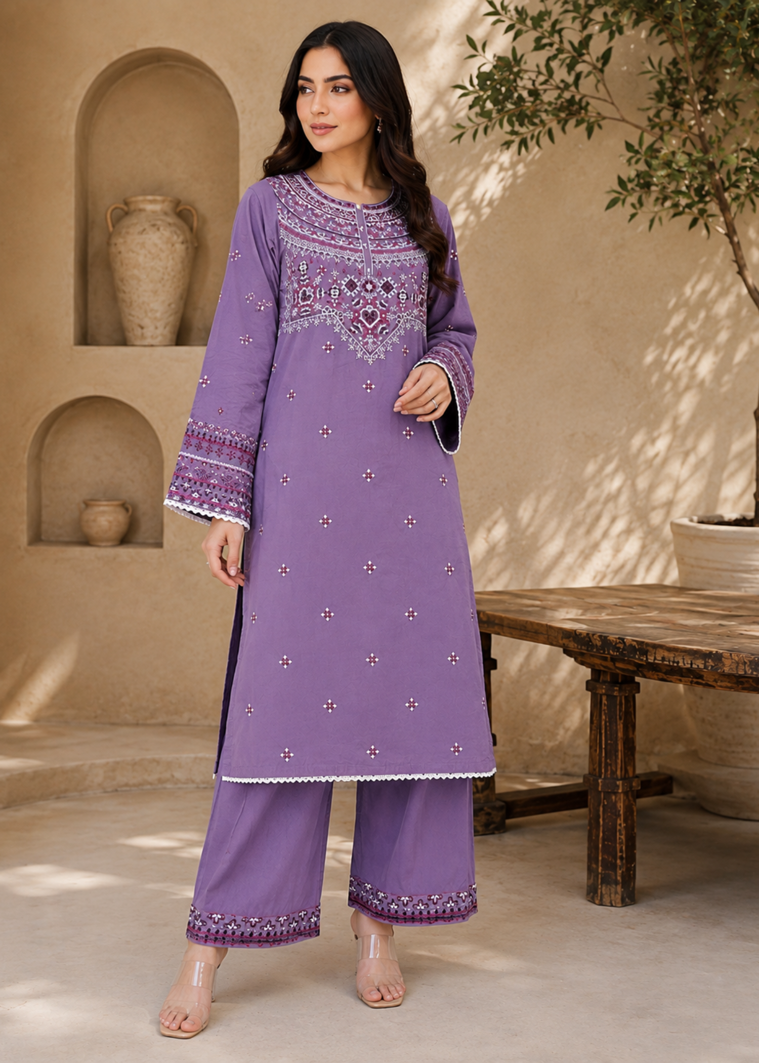 lawn cotton Kurta Set in Heathered lilac