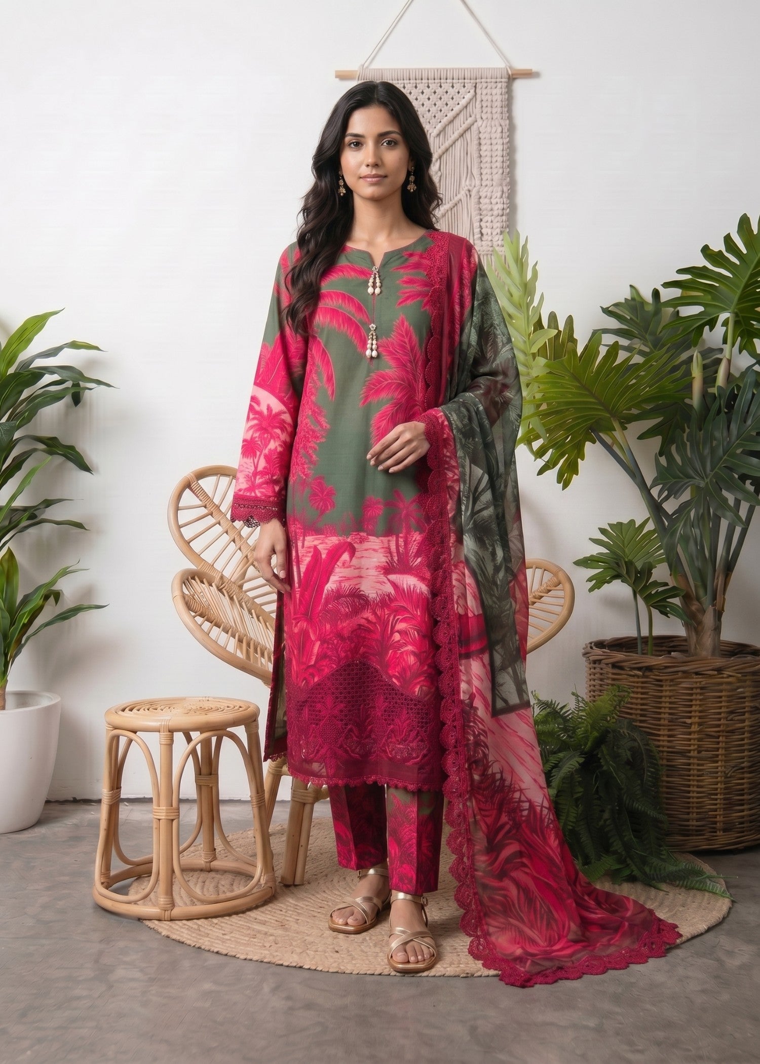 lawn Kurta Set in Green, amaranth