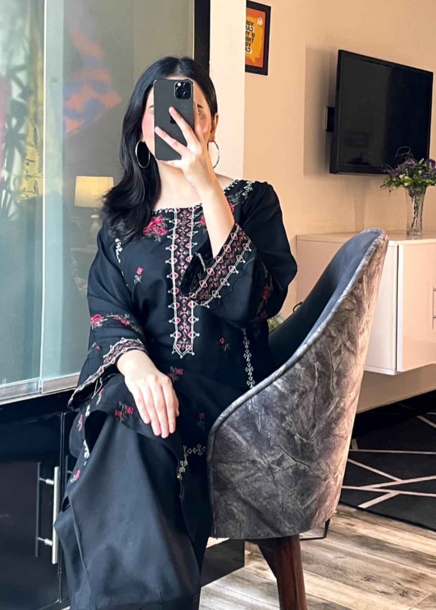 arabic lawn Kurta Set in Black