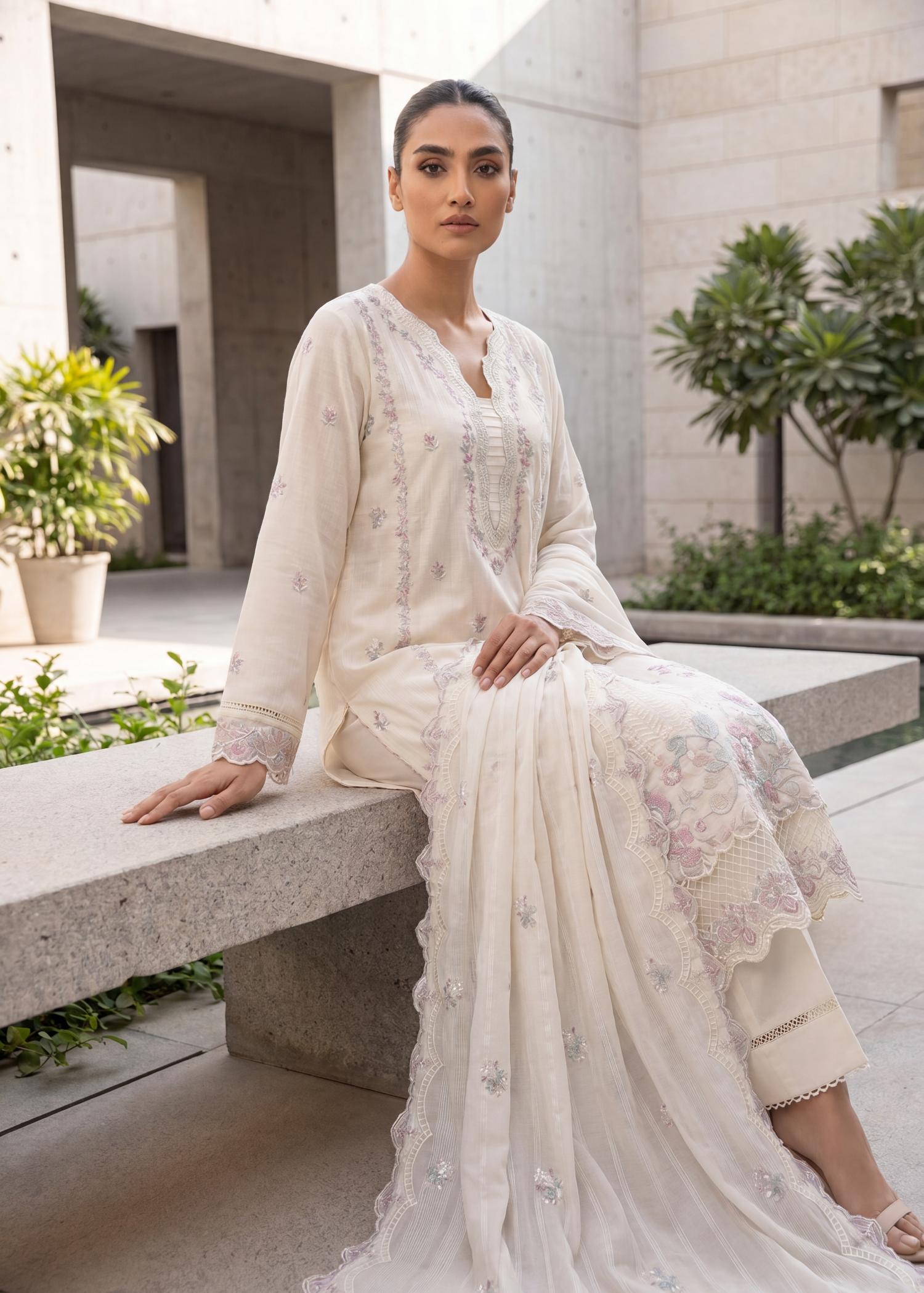slub lawn Kurta Set in Ivory