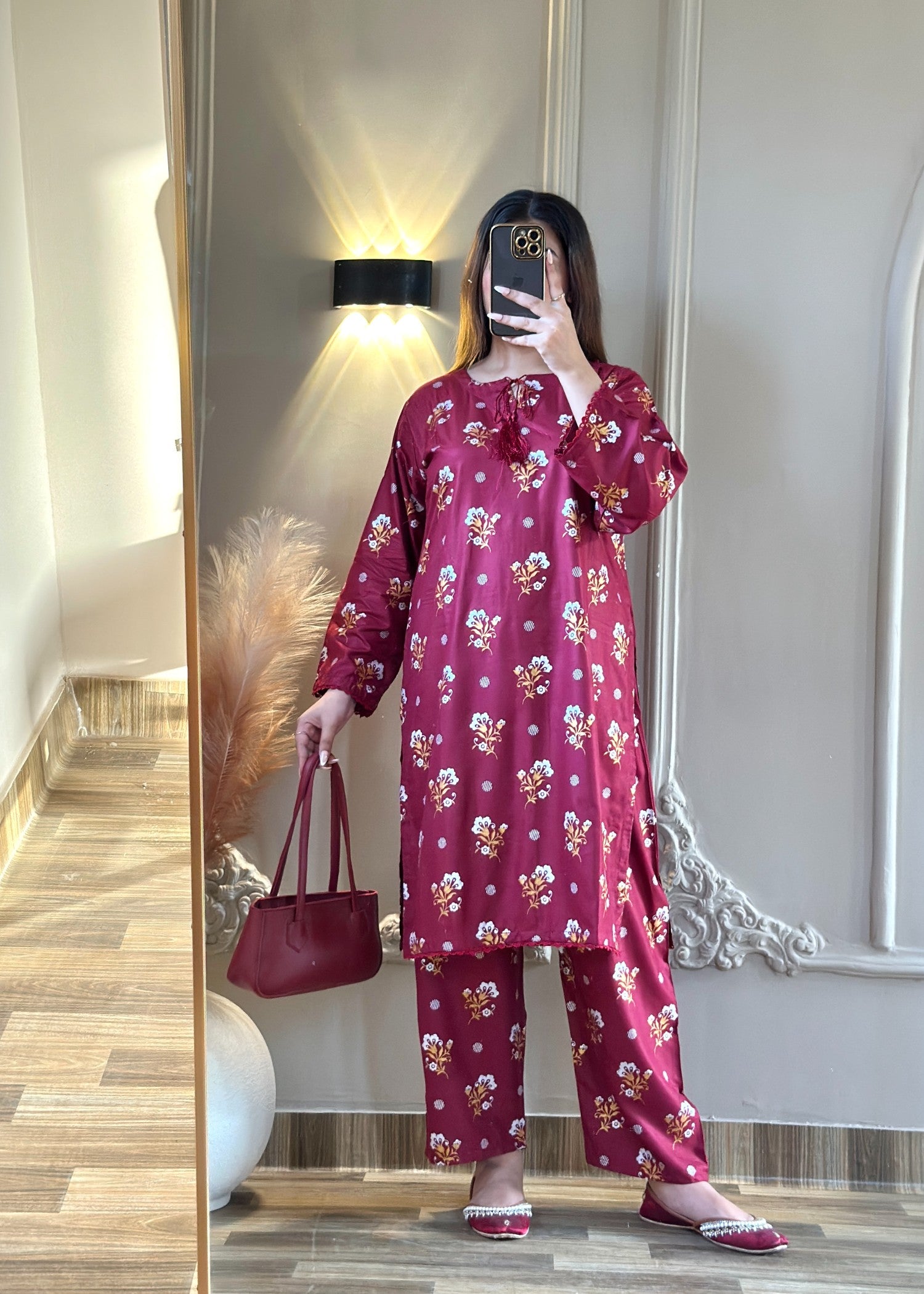 arabic lawn Co Ord Sets in Maroon