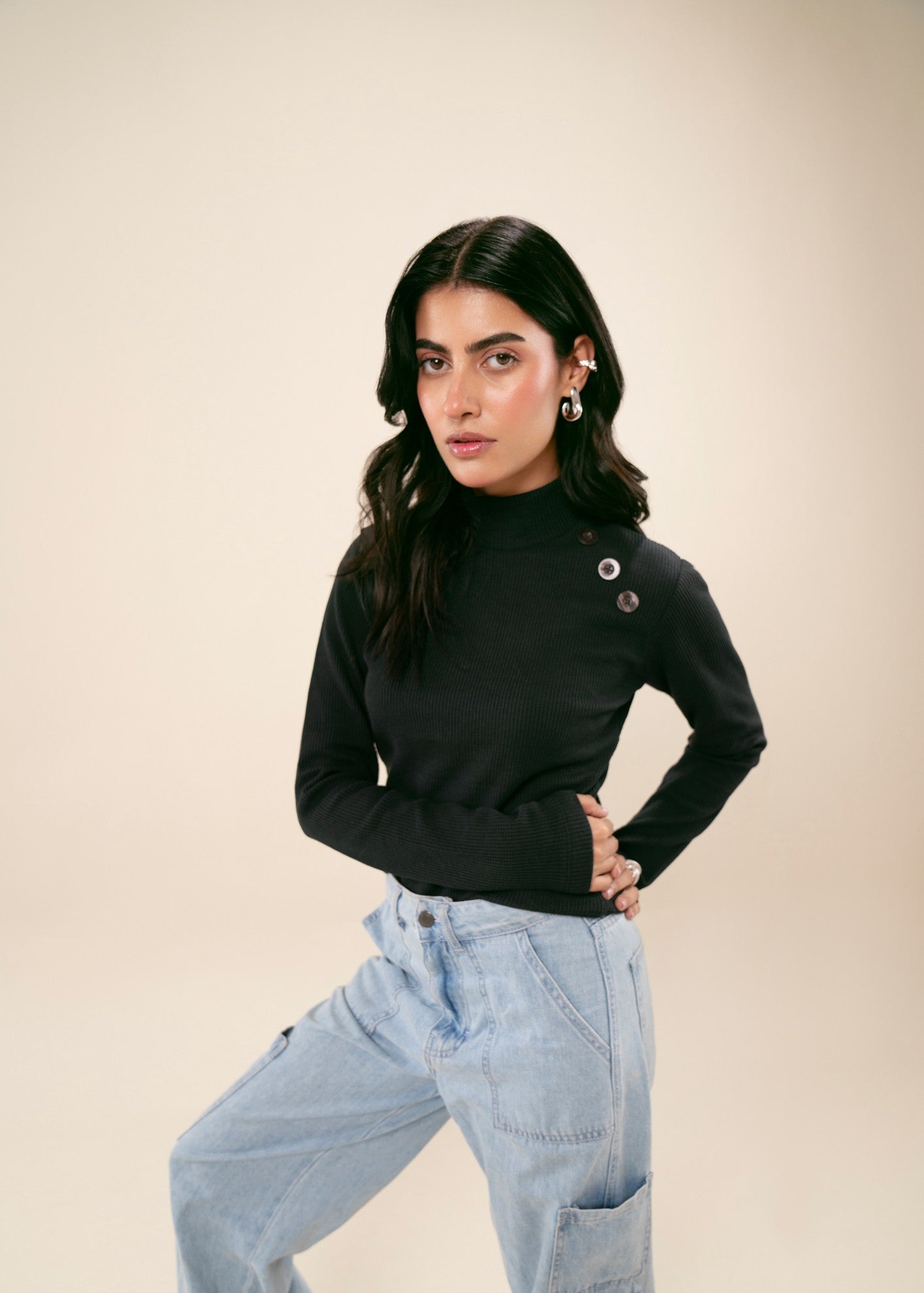 cotton viscose Turtle Neck in Black