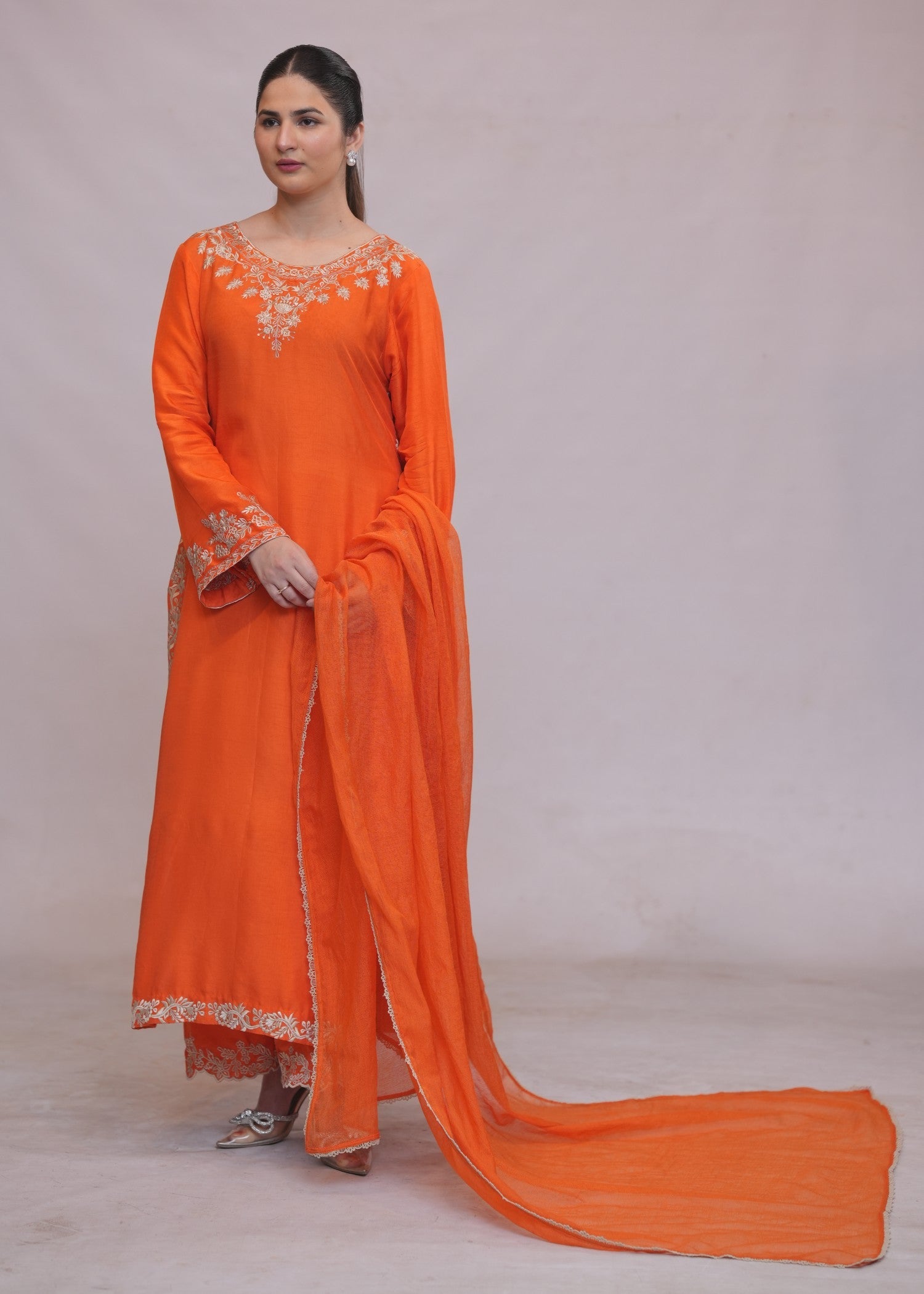 raw silk Kurta Set in Sunset orange