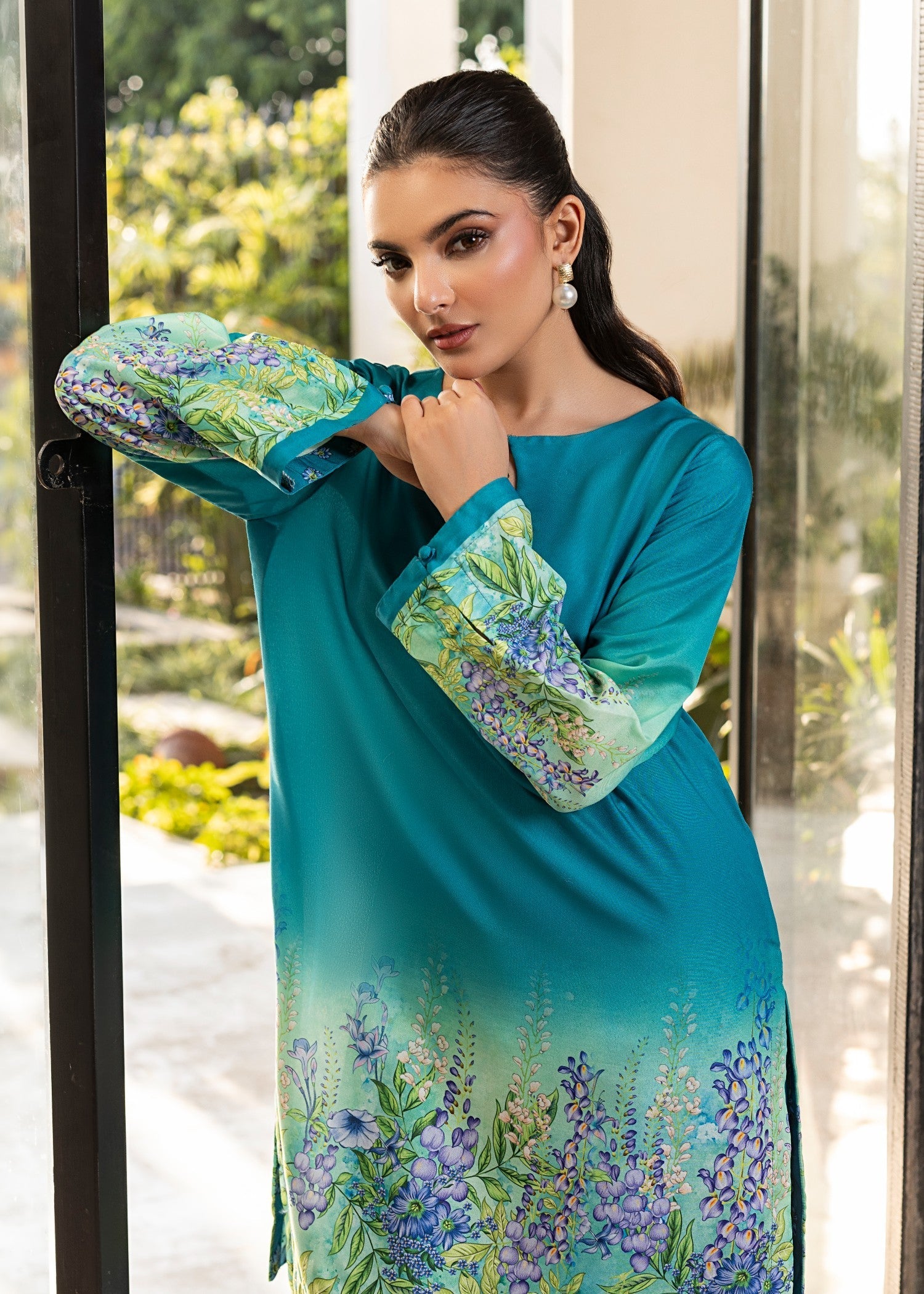 silk finish lawn Kurta Set in Steel blue