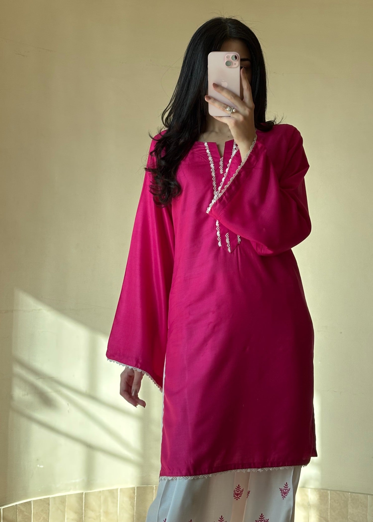 arabic lawn Kurta Set in Hot pink red