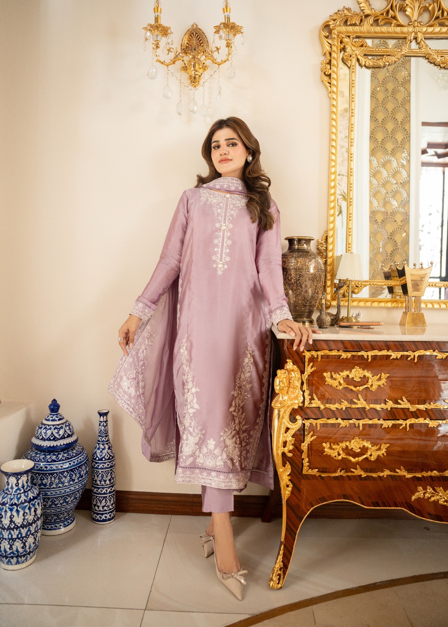 tissue silk Kurta Set in Lilac