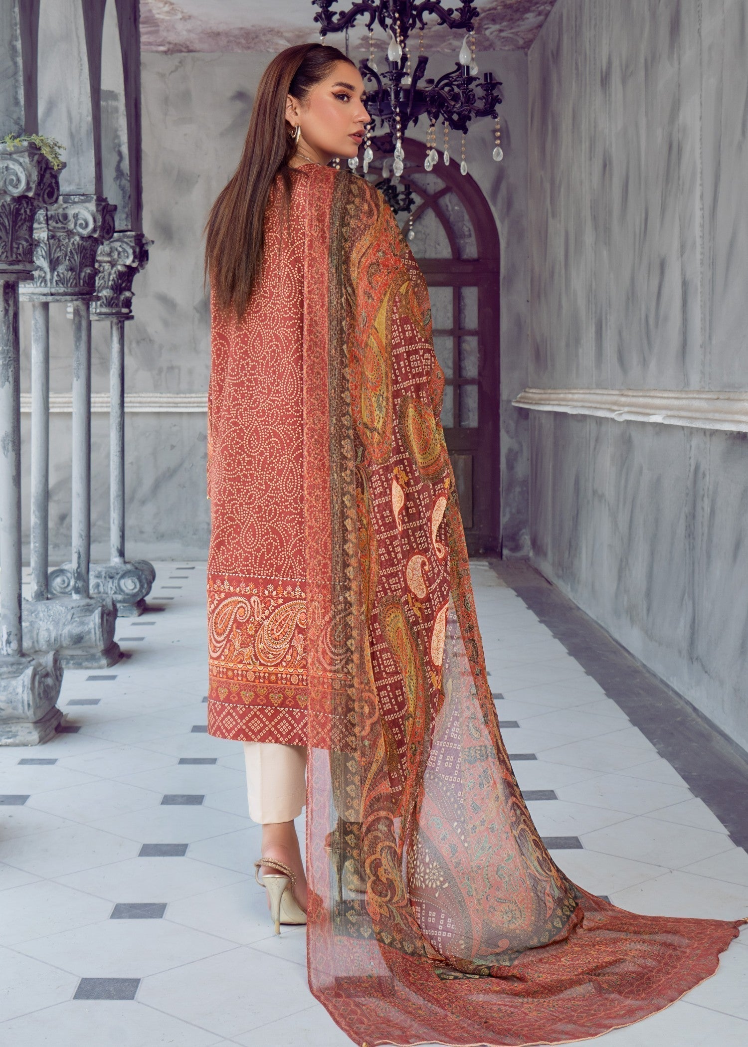 lawn Kurta Set in Rust orange