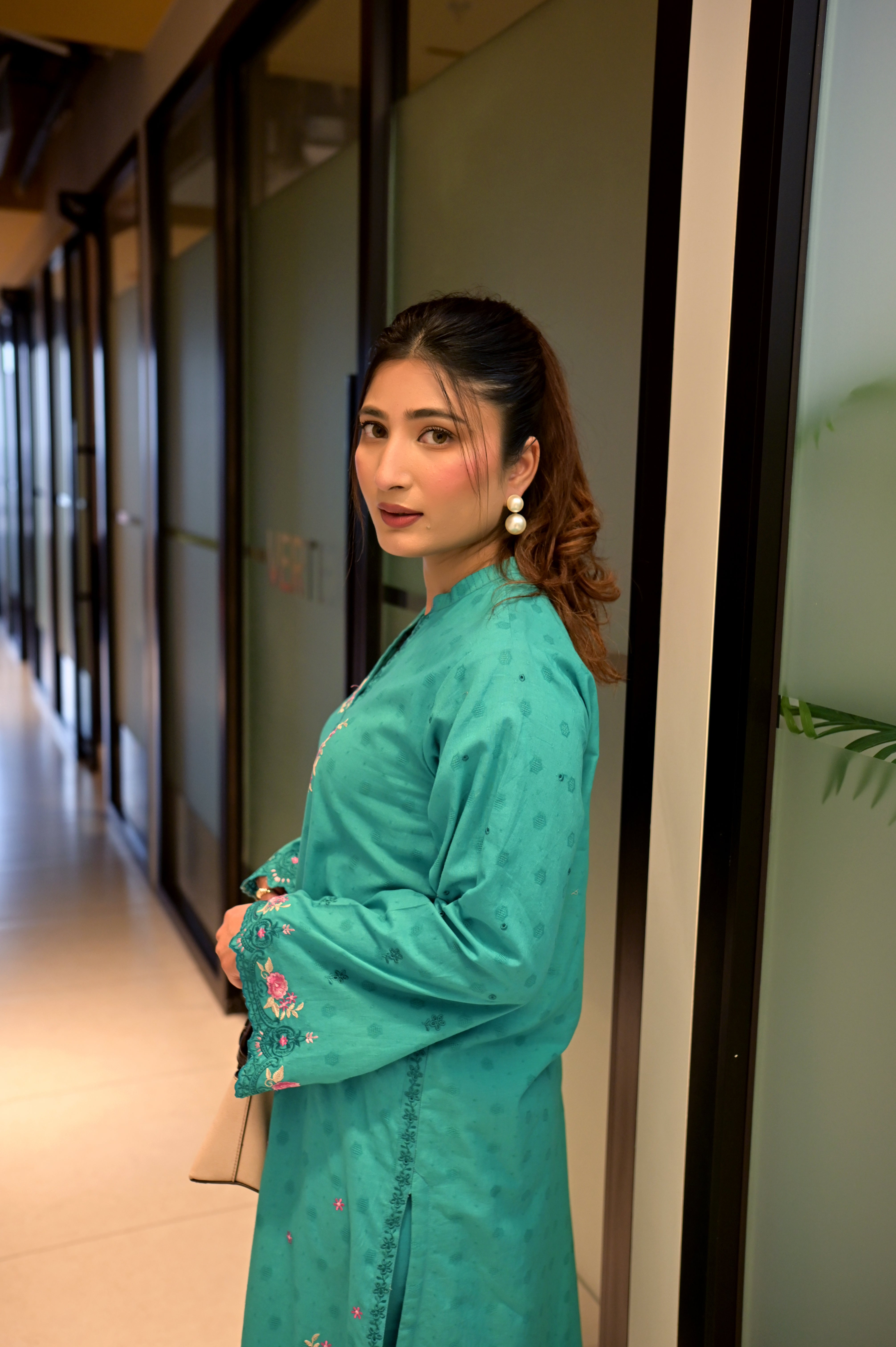 jacquard Kurti in Sea green