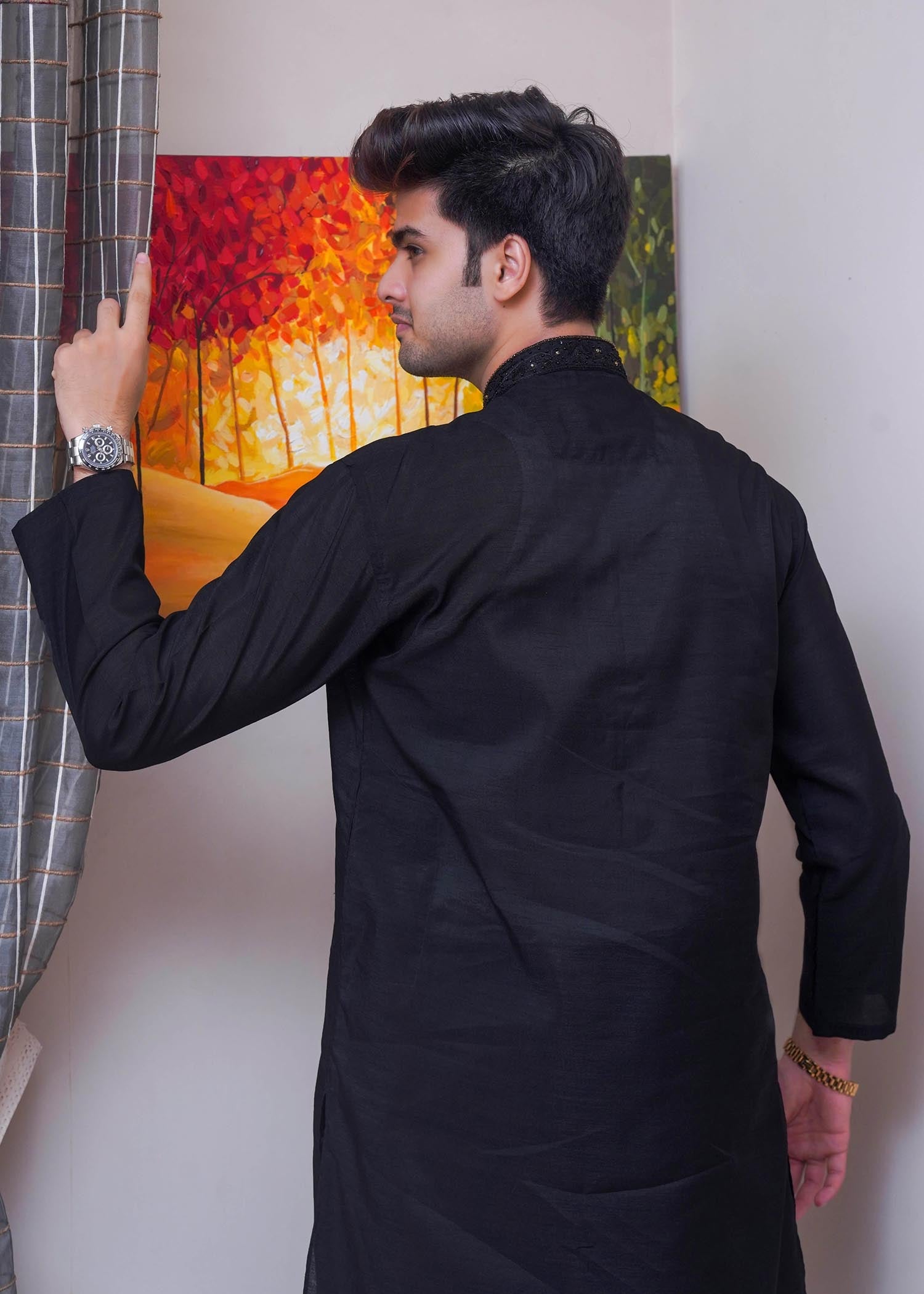 raw silk Kurta Set in Black by Real Image Clothing