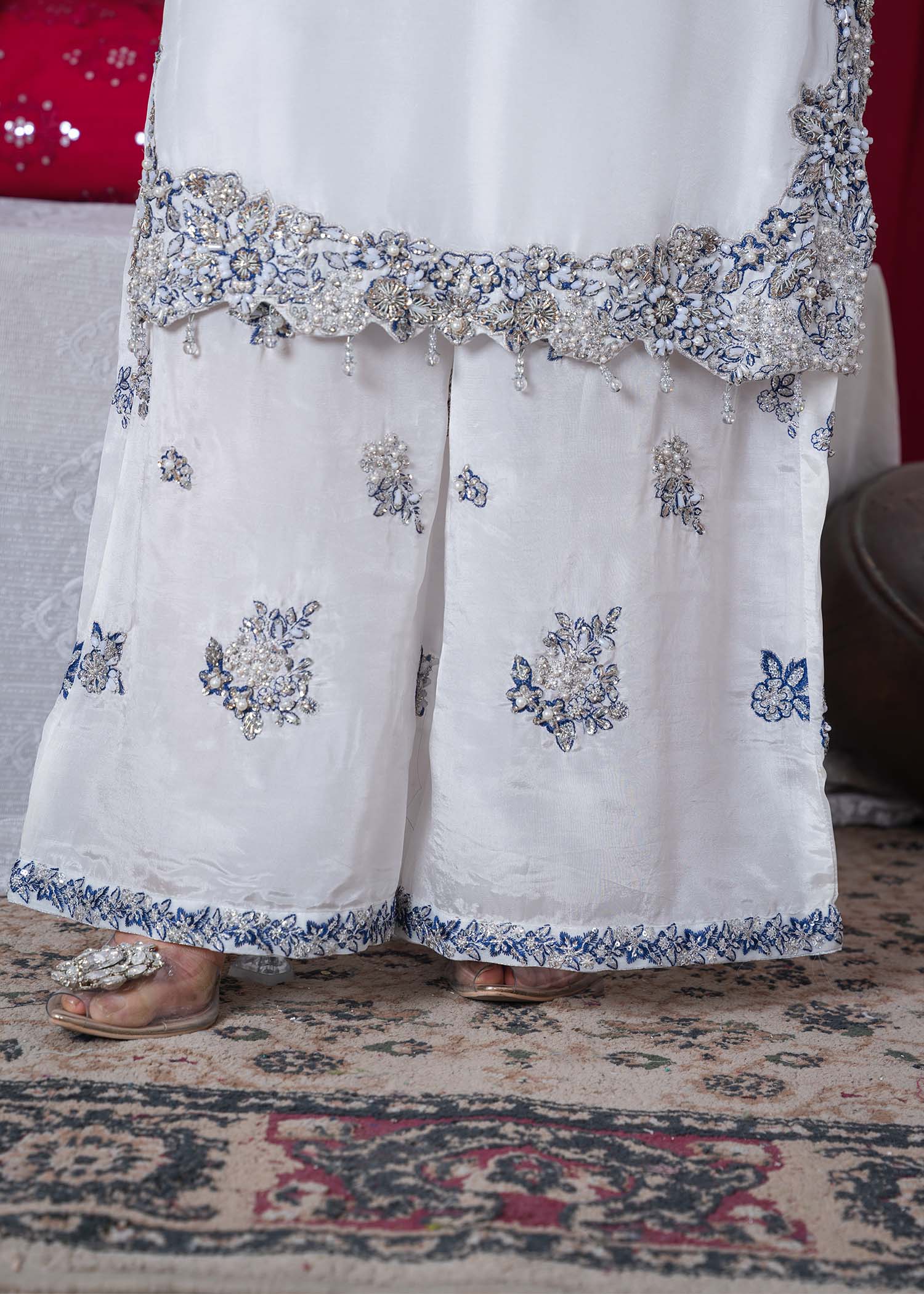 tissue silk Kurta Set in White, sky blue
