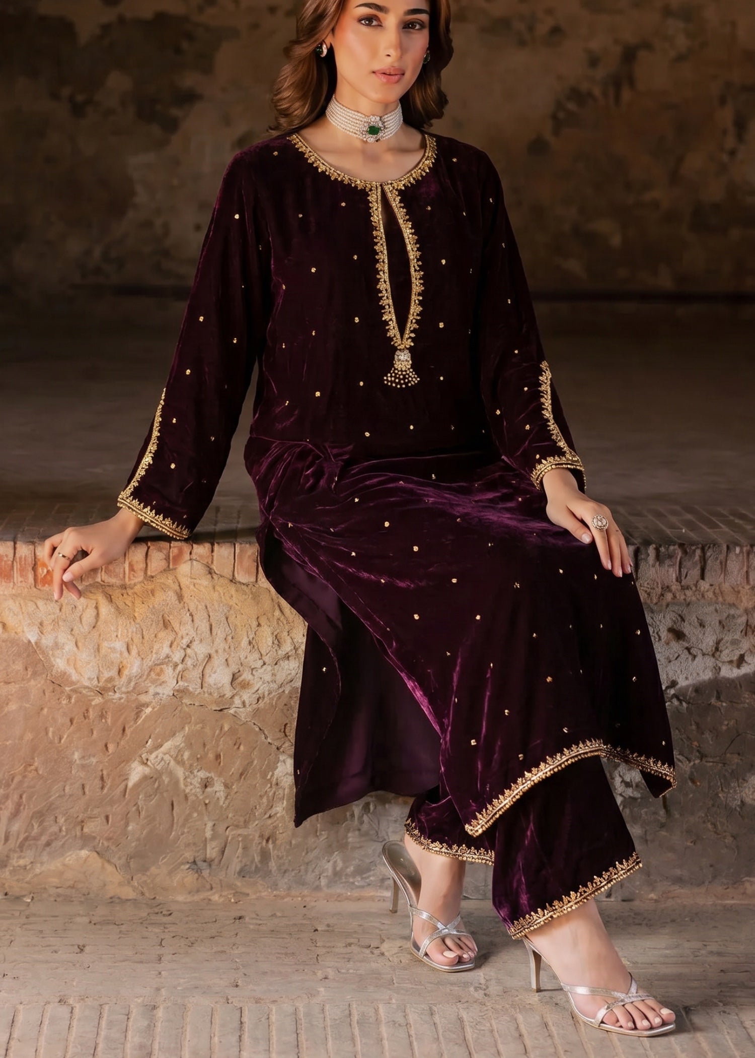 velvet Kurta Set in Burgundy