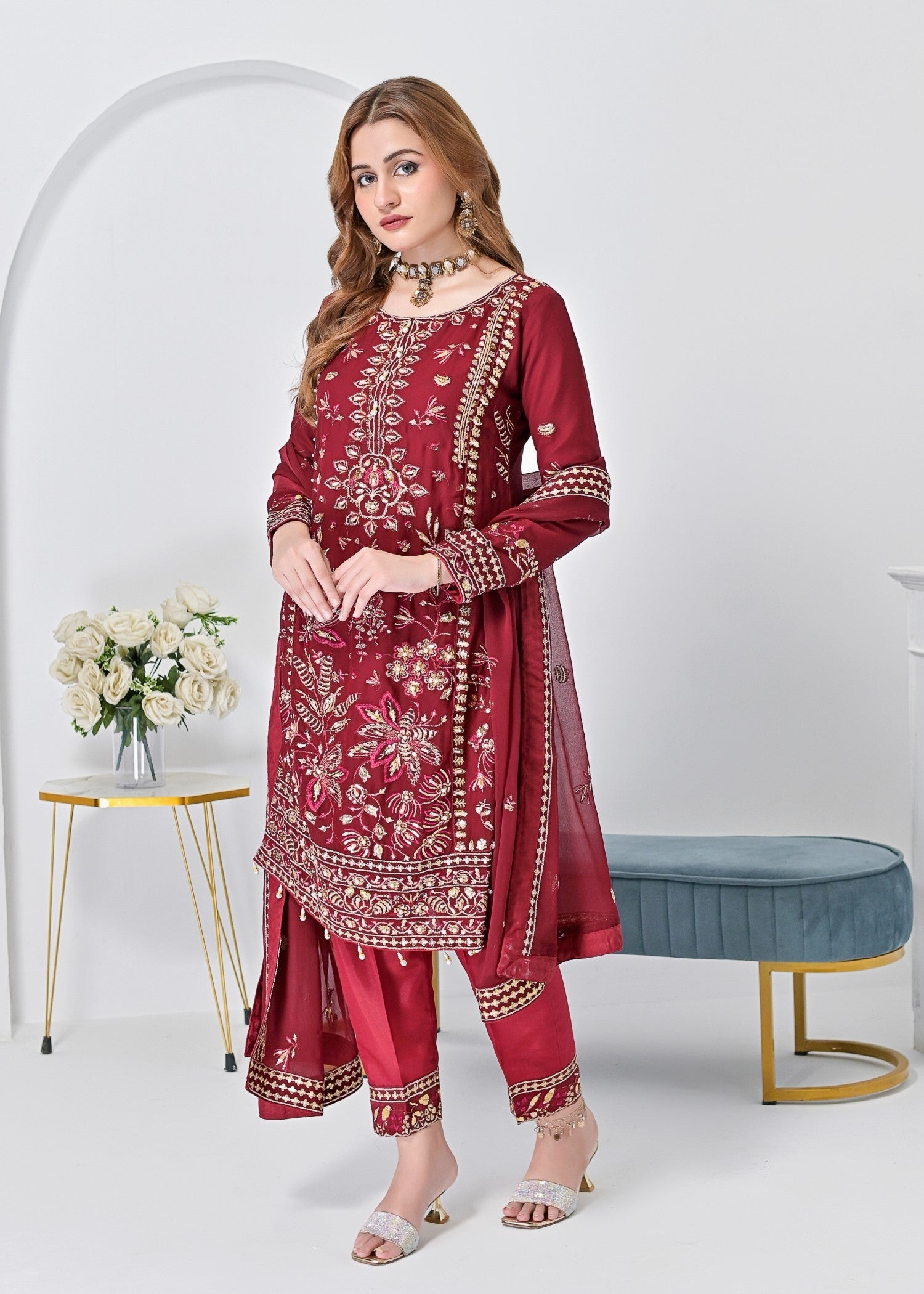 crinkle chiffon Kurta Set in Maroon