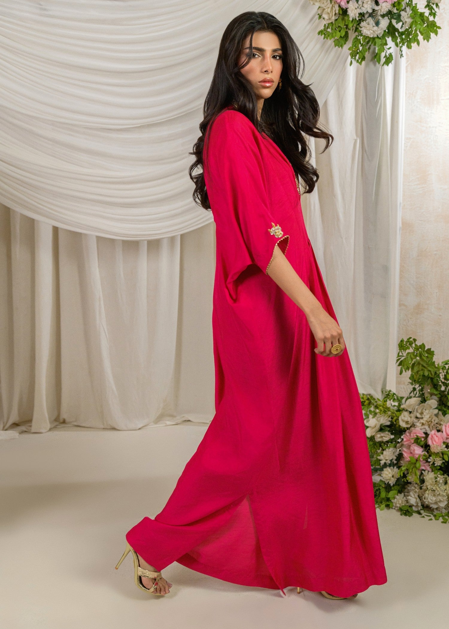 korean raw silk Kaftan in Raspberry pink