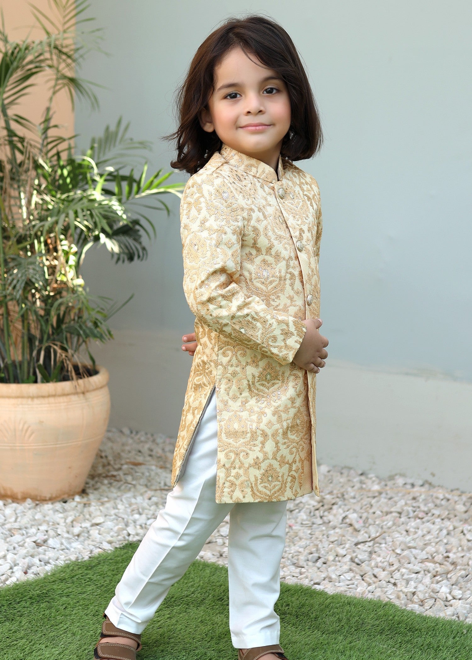 raw silk Sherwani in Cream, goldenrod