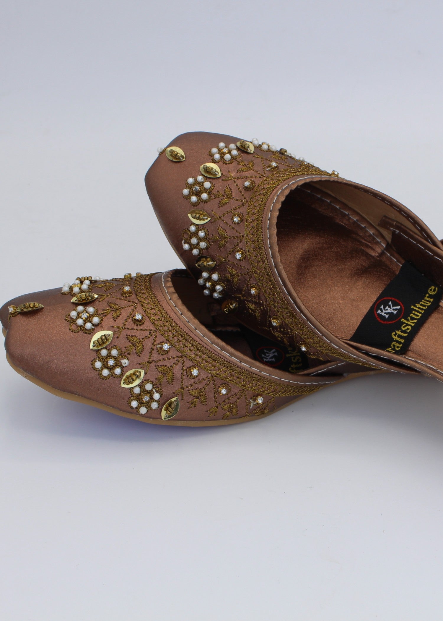 Khussa in Caramel brown, gold by - High Quality Women Khussa ALM7795