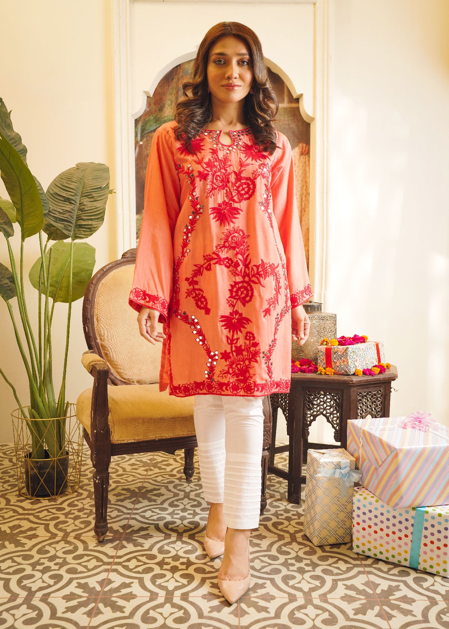 cotton silk Kurti in Coral orange