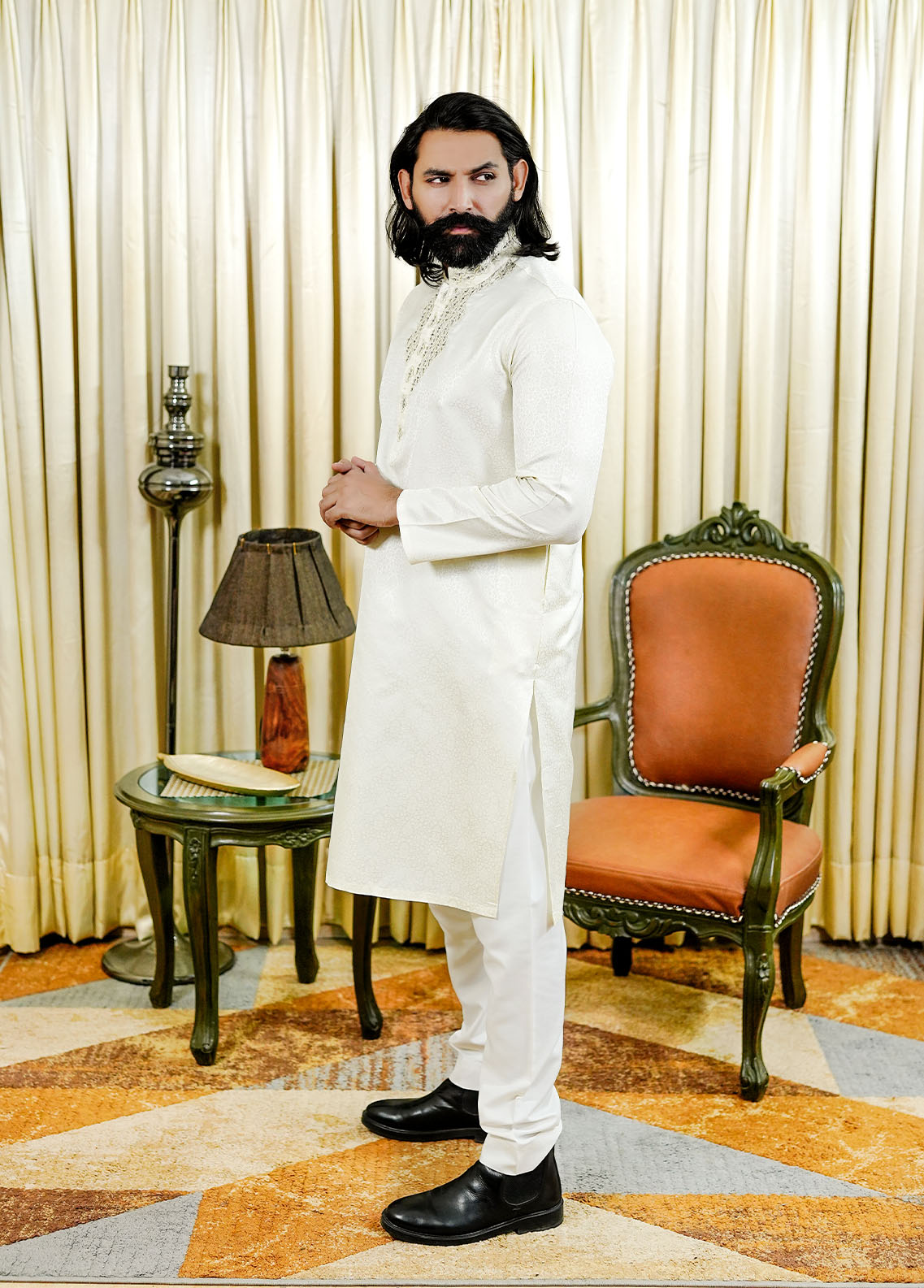 traditional jamawar Kurta in Off-white