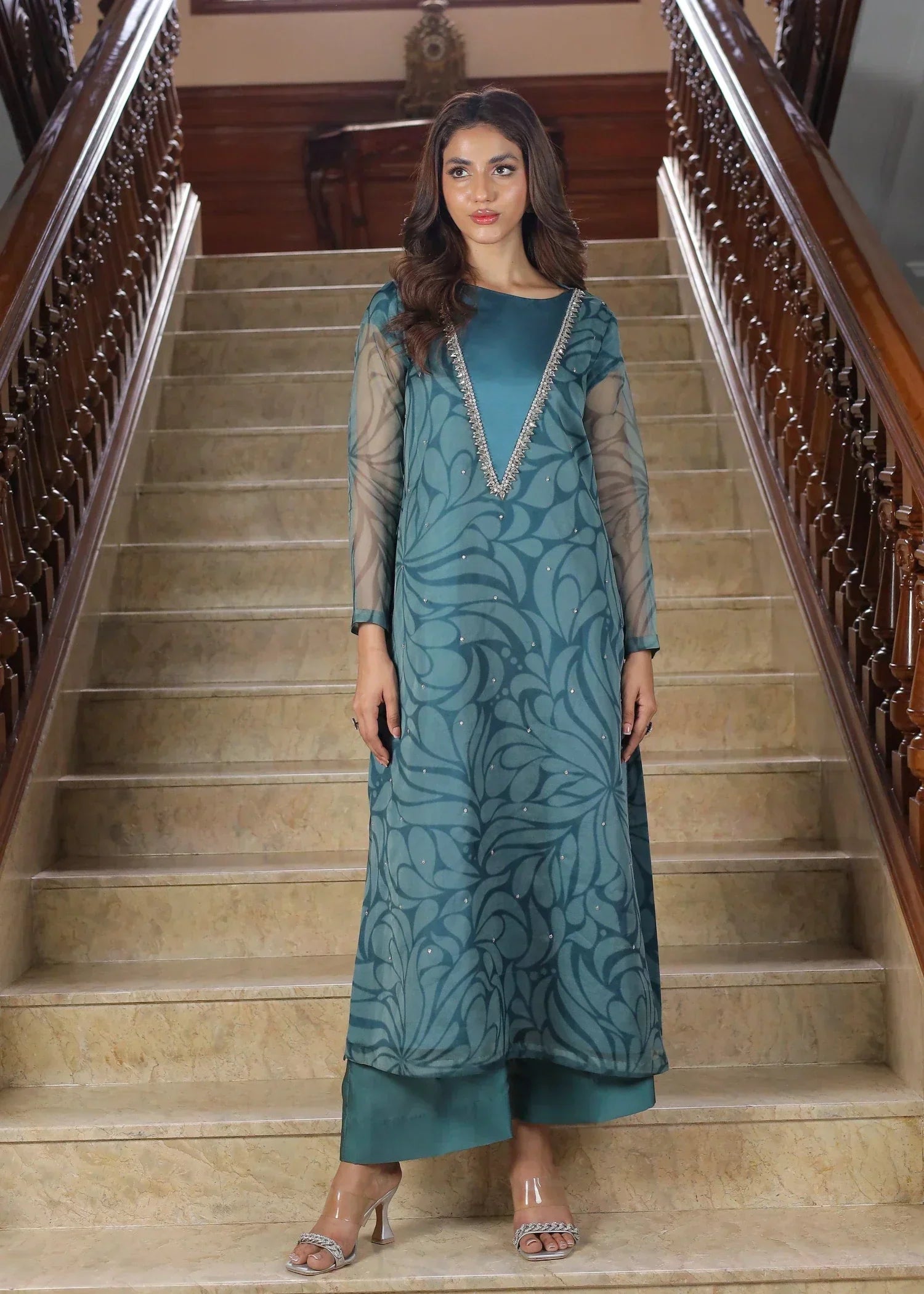 silk Kurta Set in Slate blue
