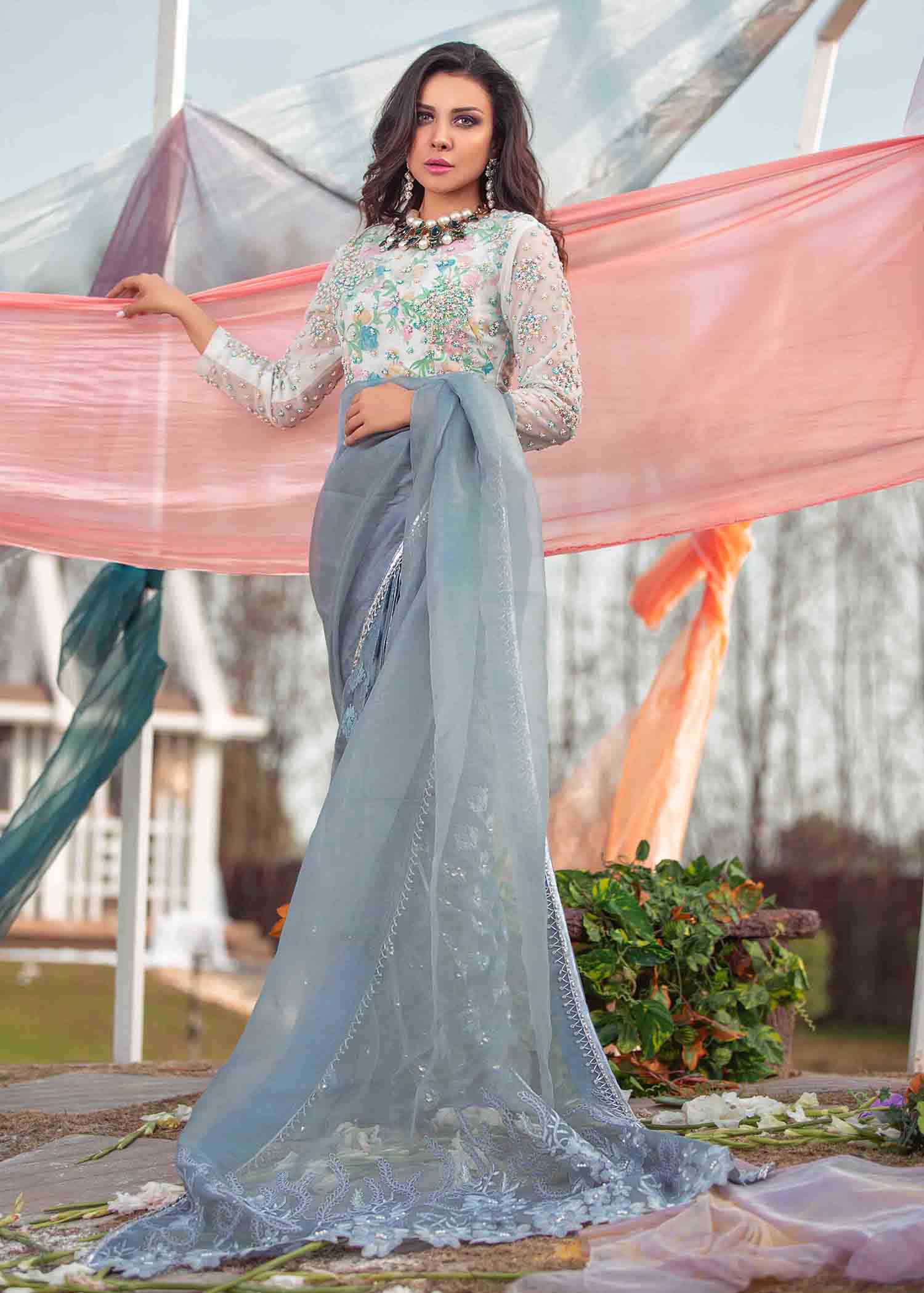 net Saree in Ash grey